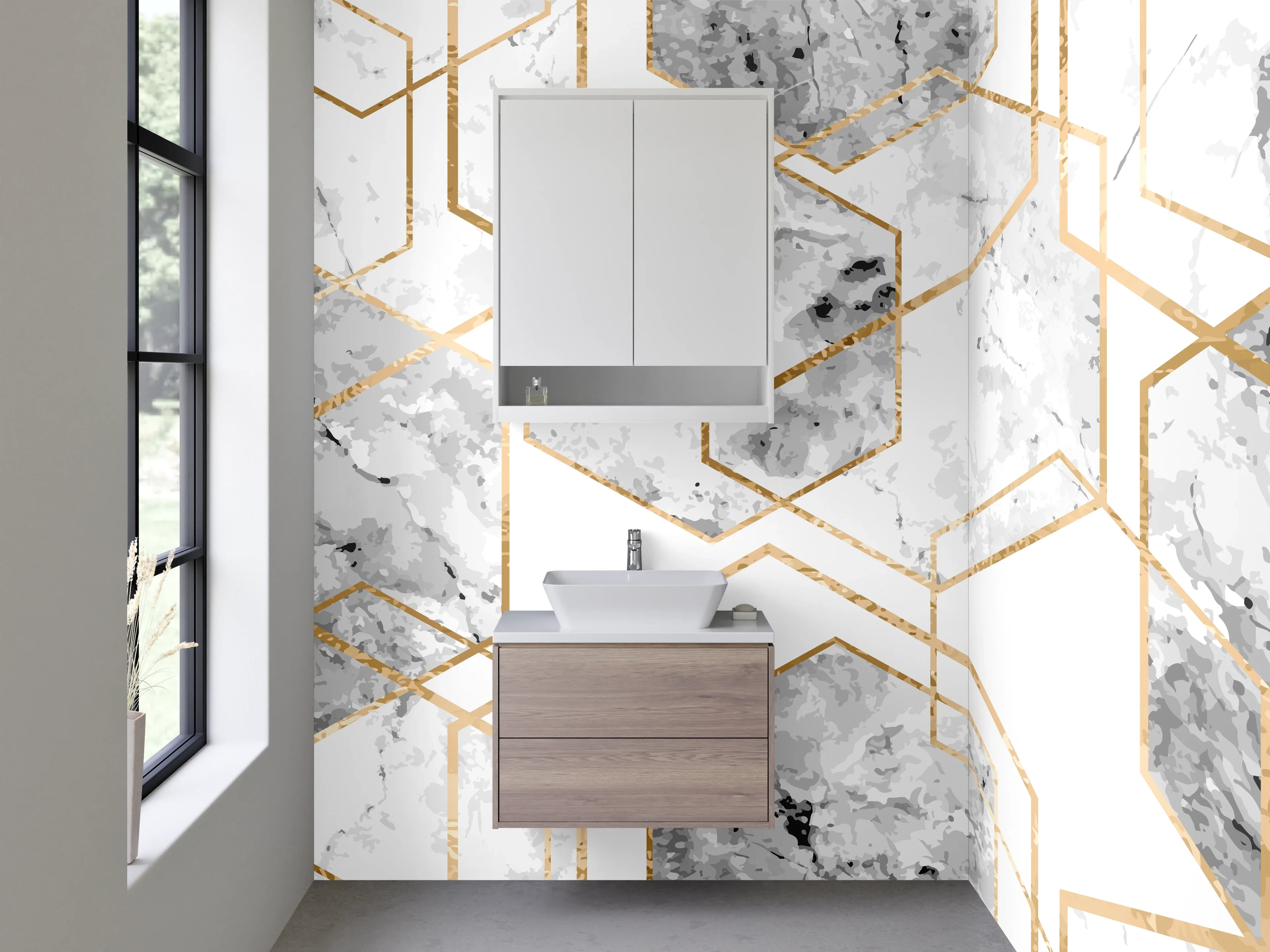 Waschbecken-Rückwand - Marmor Gold Hexagon Muster Weiß Grau