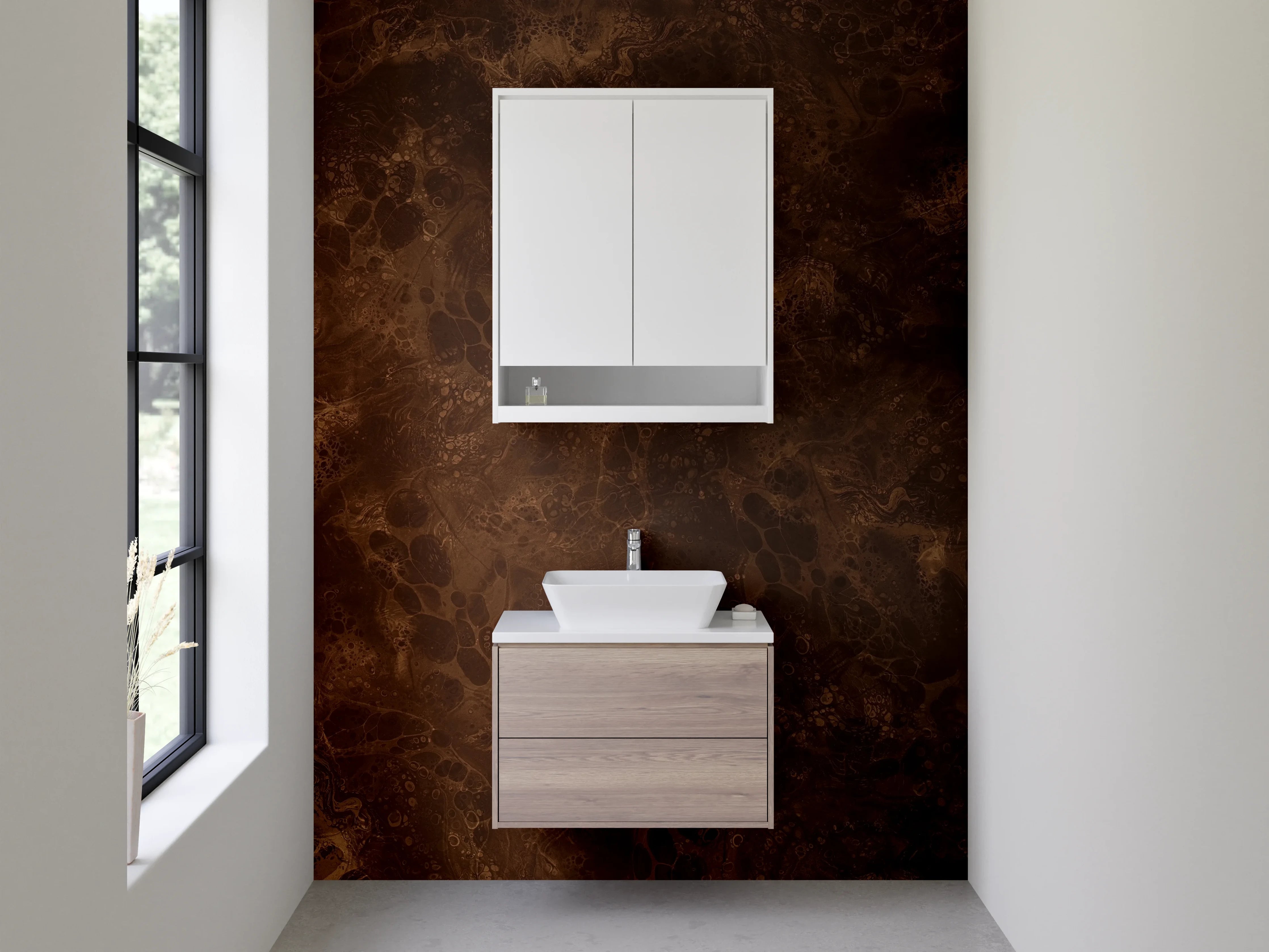Waschbecken-Rückwand - Marmor-Look: Braun-Grau auf Weiß