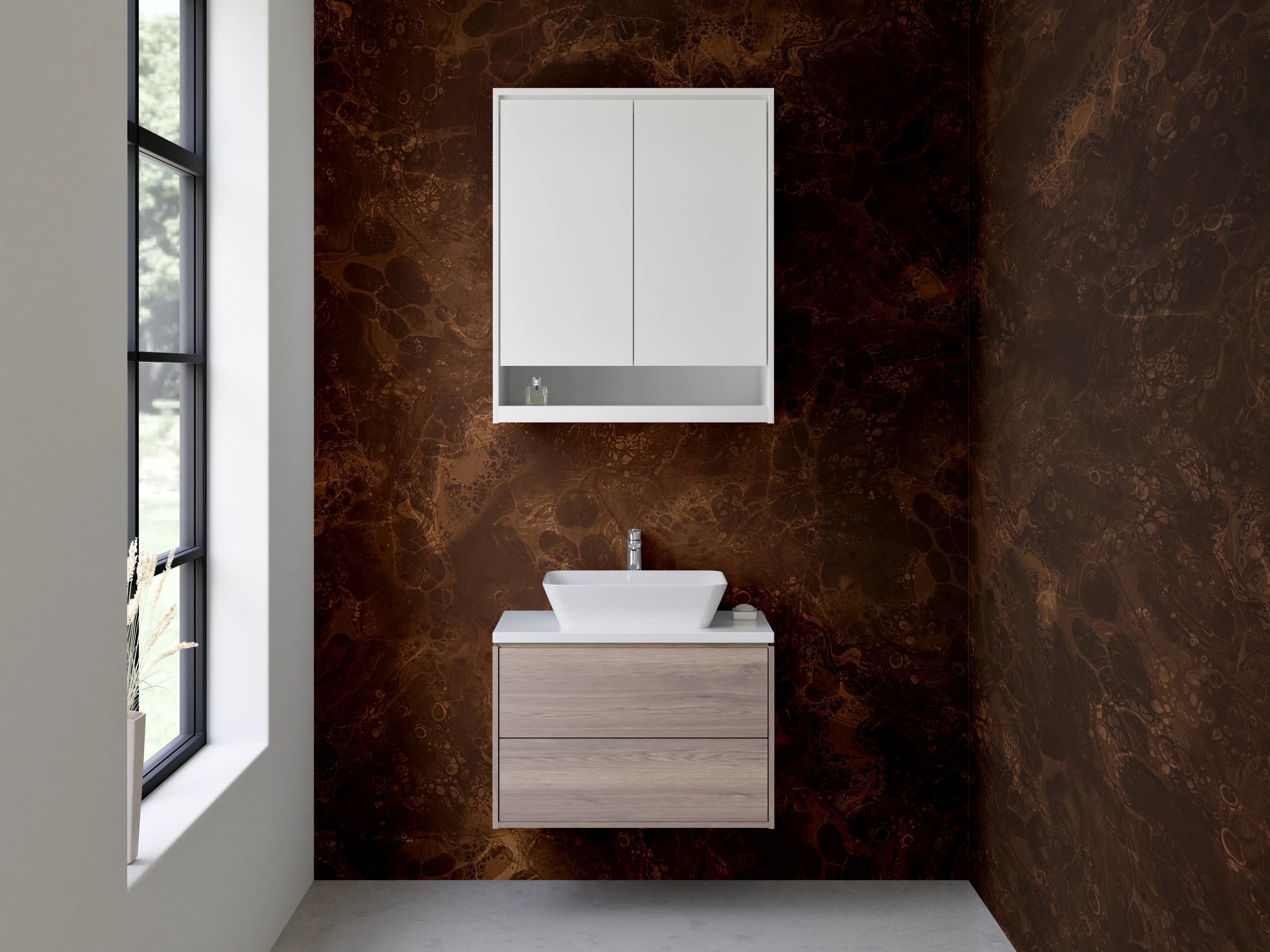 Waschbecken-Rückwand - Marmor-Look: Braun-Grau auf Weiß