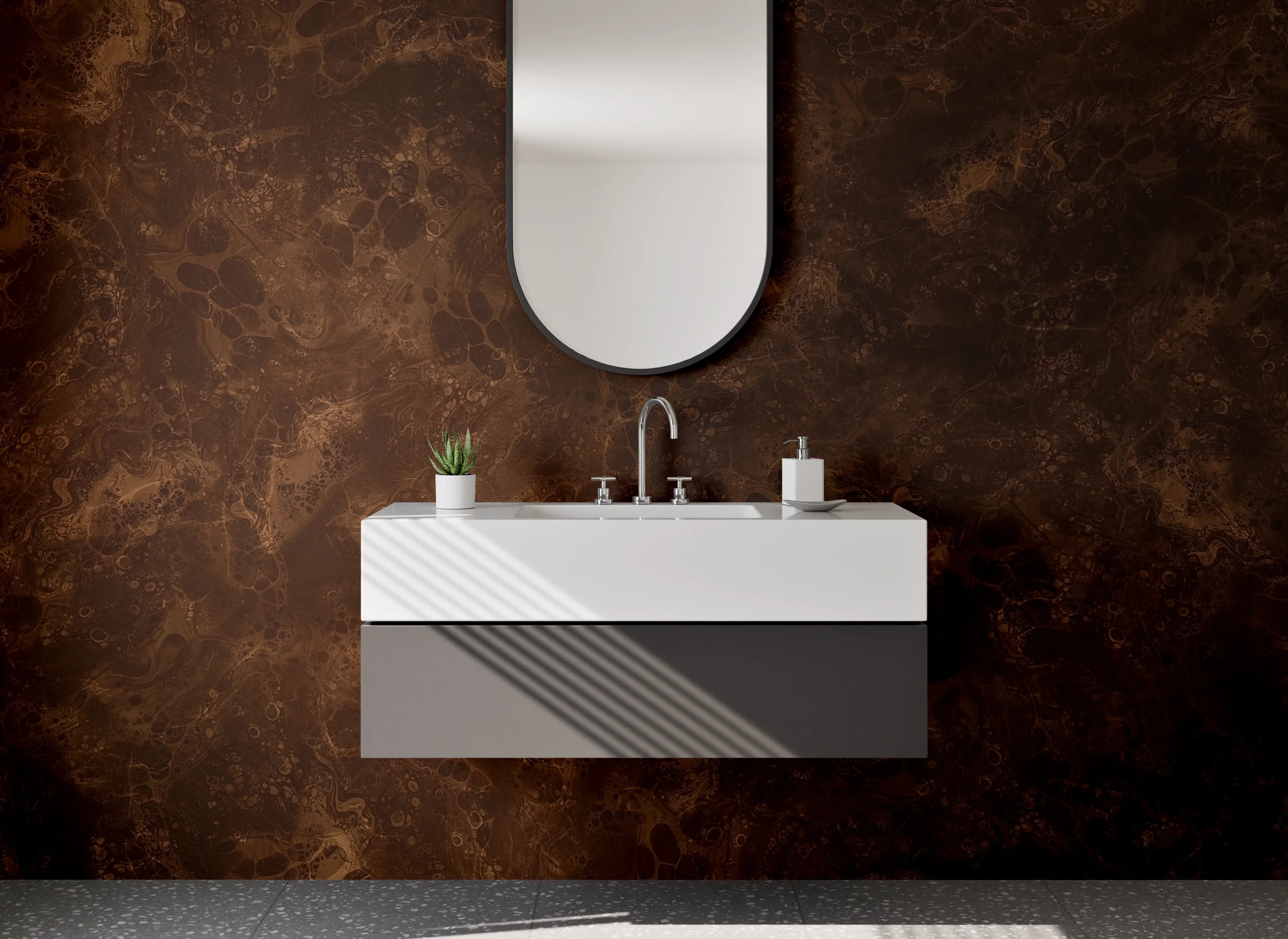 Waschbecken-Rückwand - Marmor-Look: Braun-Grau auf Weiß