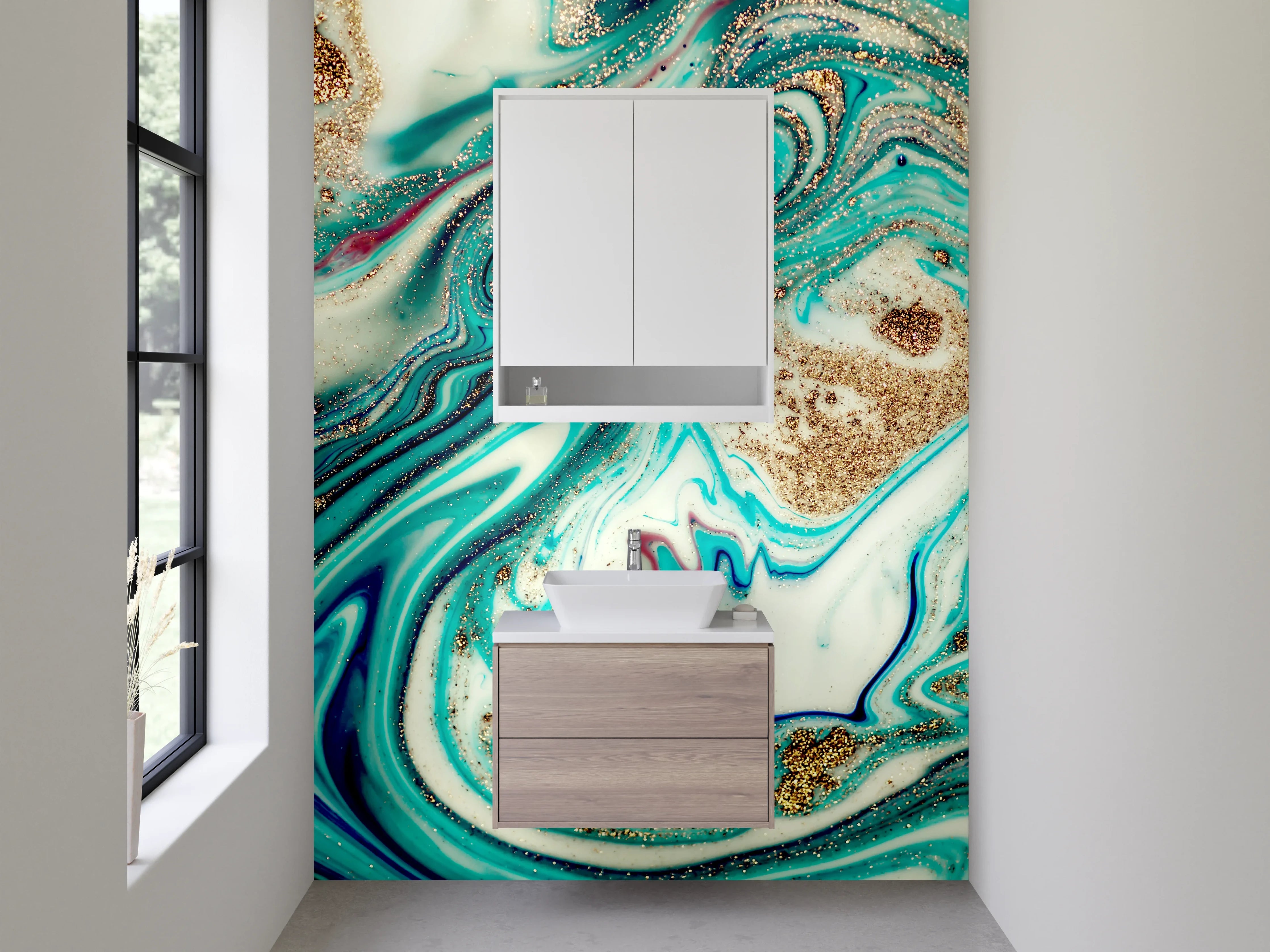 Waschbecken-Rückwand - Marmor-Optik Abstrakt Türkis Gold