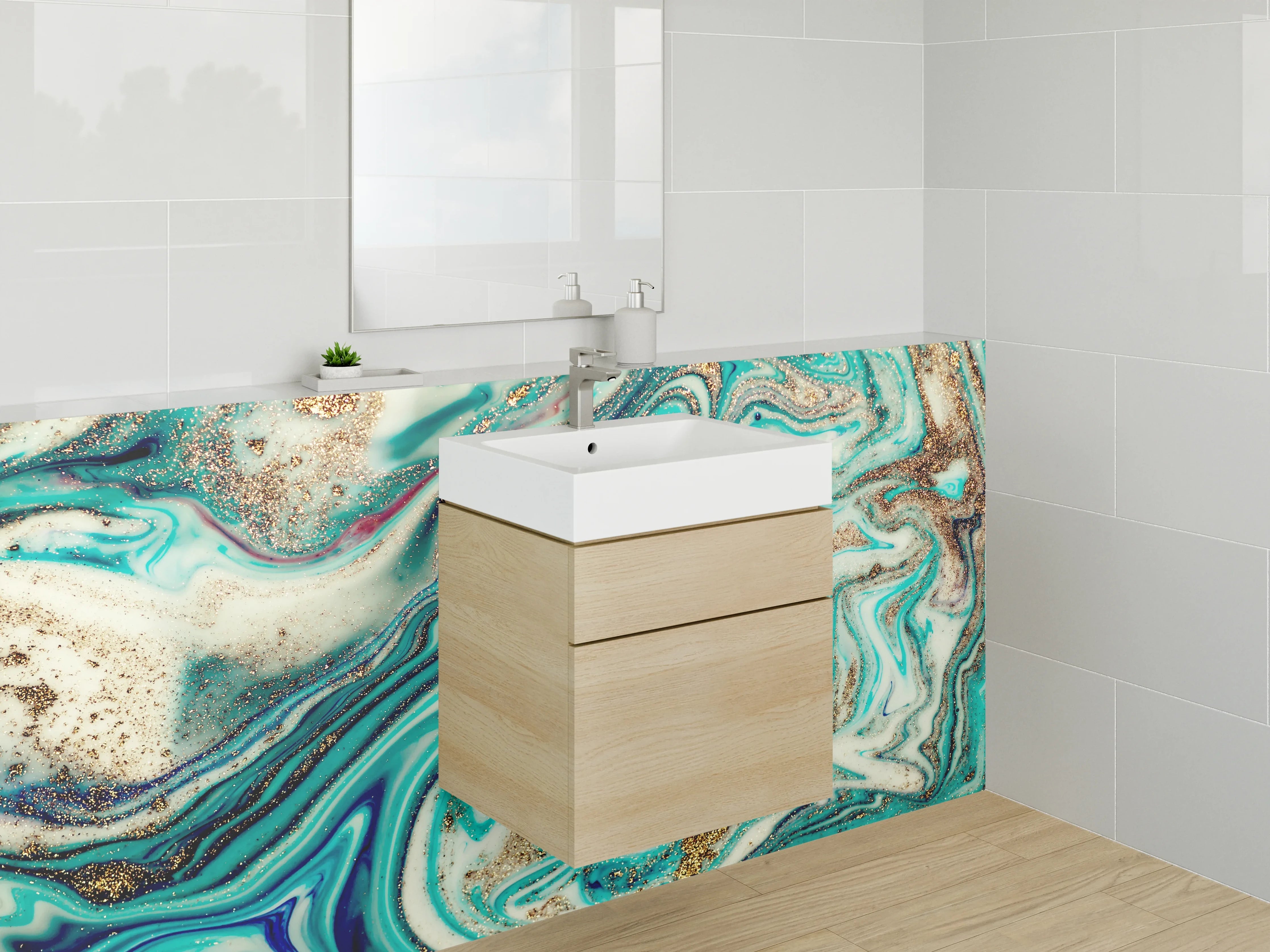 Waschbecken-Rückwand - Marmor-Optik Abstrakt Türkis Gold