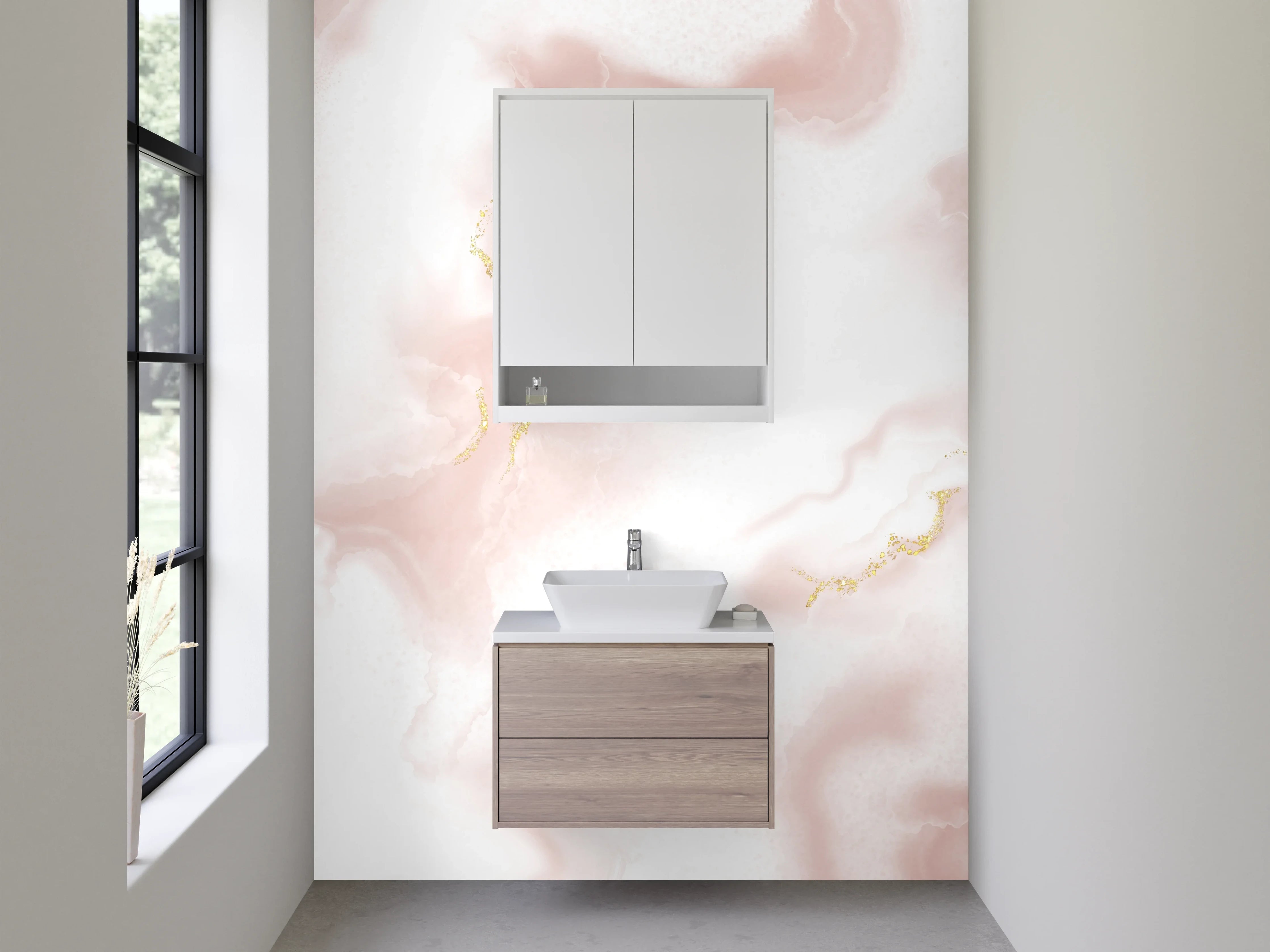 Waschbecken-Rückwand - Marmor Optik Rosa Weiß Gold Akzent