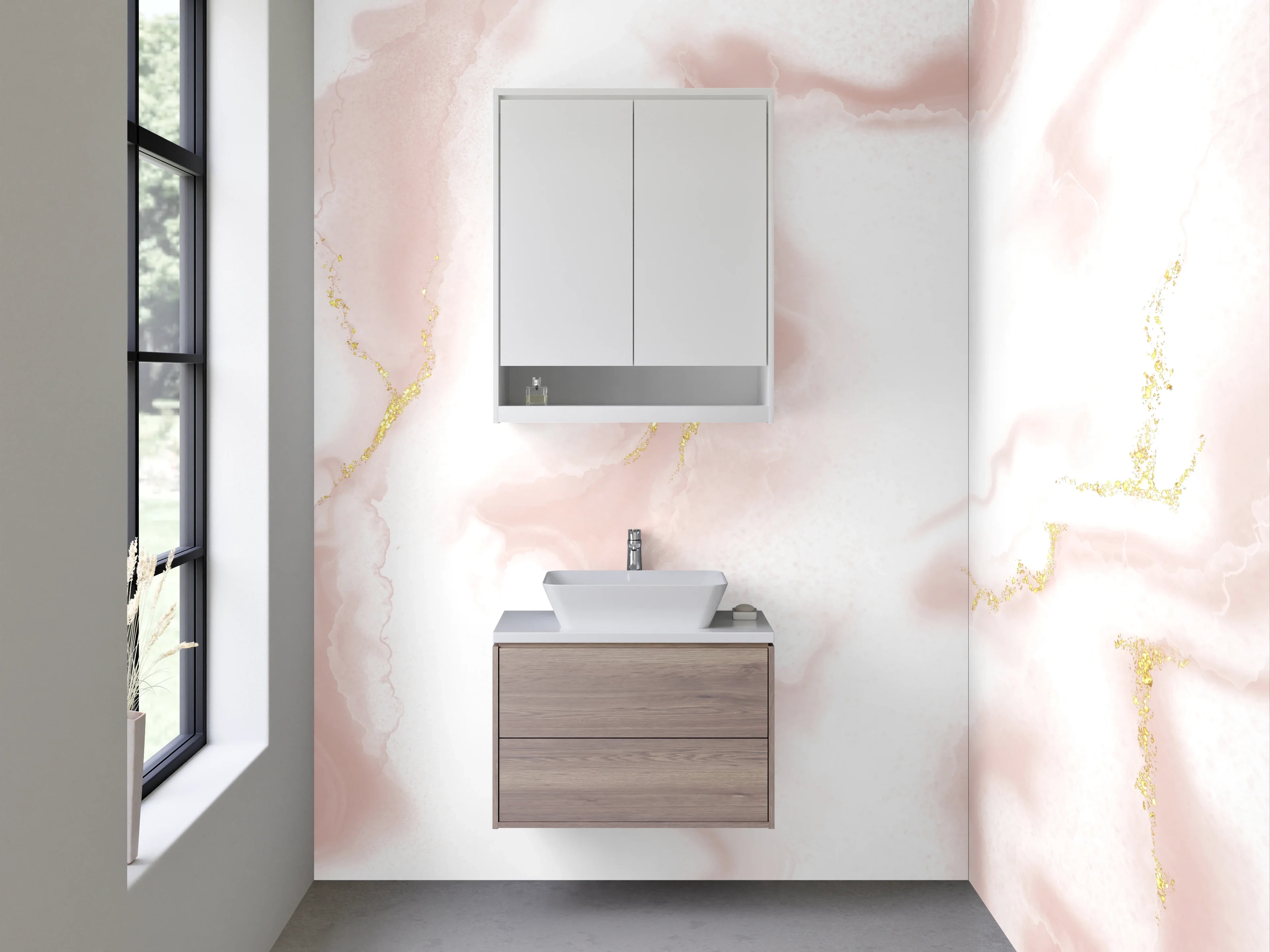 Waschbecken-Rückwand - Marmor Optik Rosa Weiß Gold Akzent