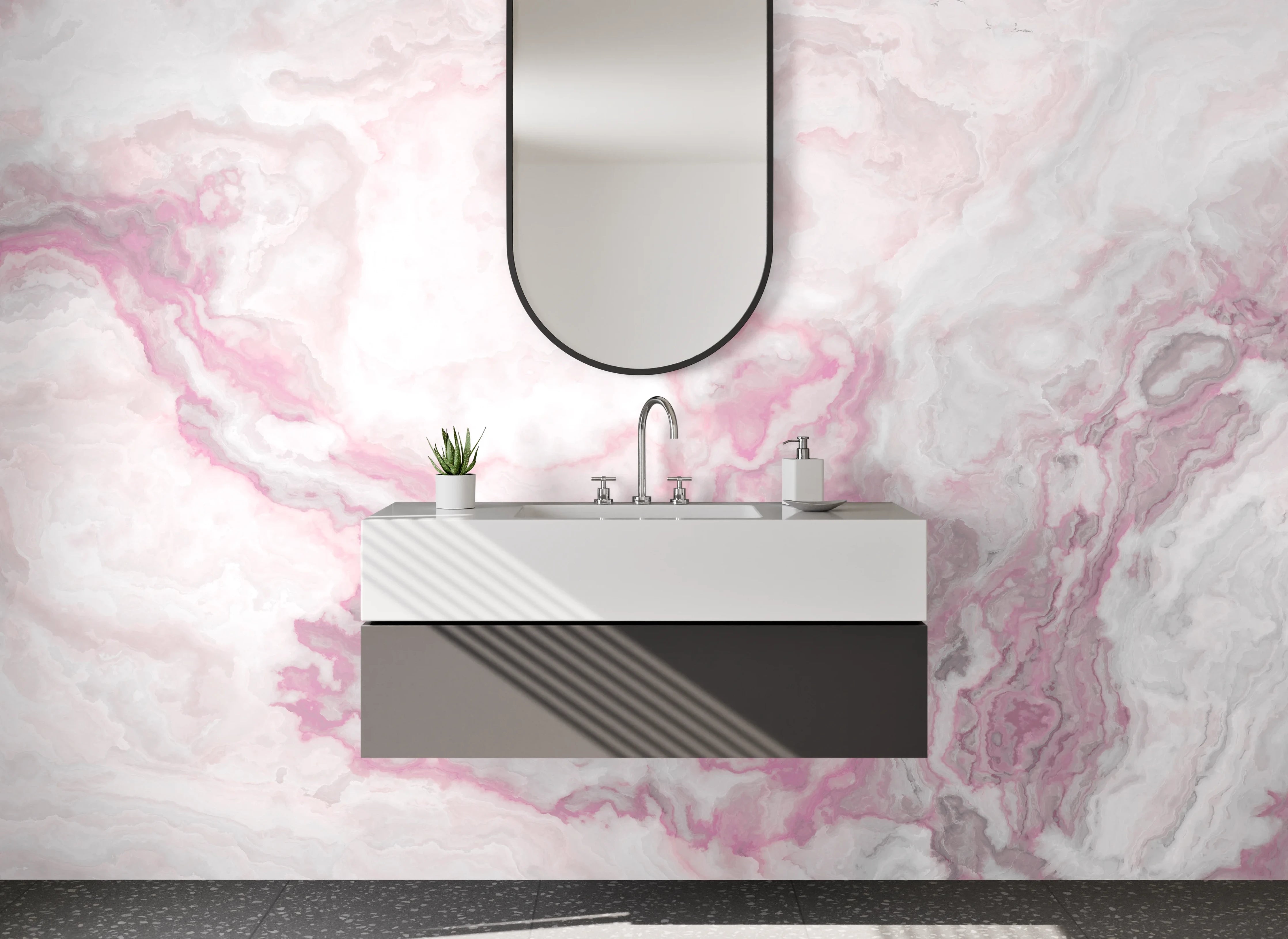 Waschbecken-Rückwand - Marmor Optik Rosa Weiß Grau