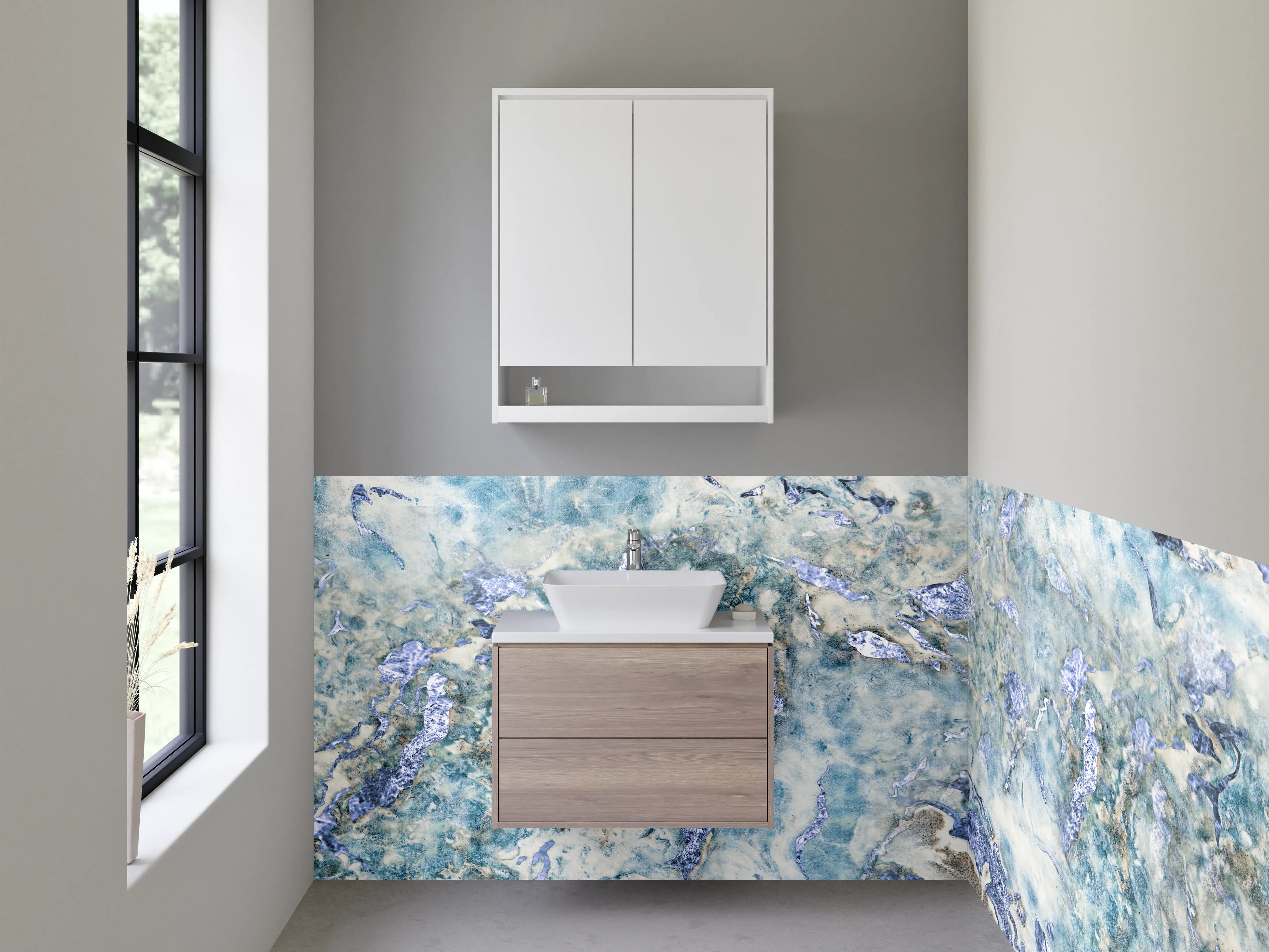 Waschbecken-Rückwand - Marmor Optik mit Blau- und Grautönen
