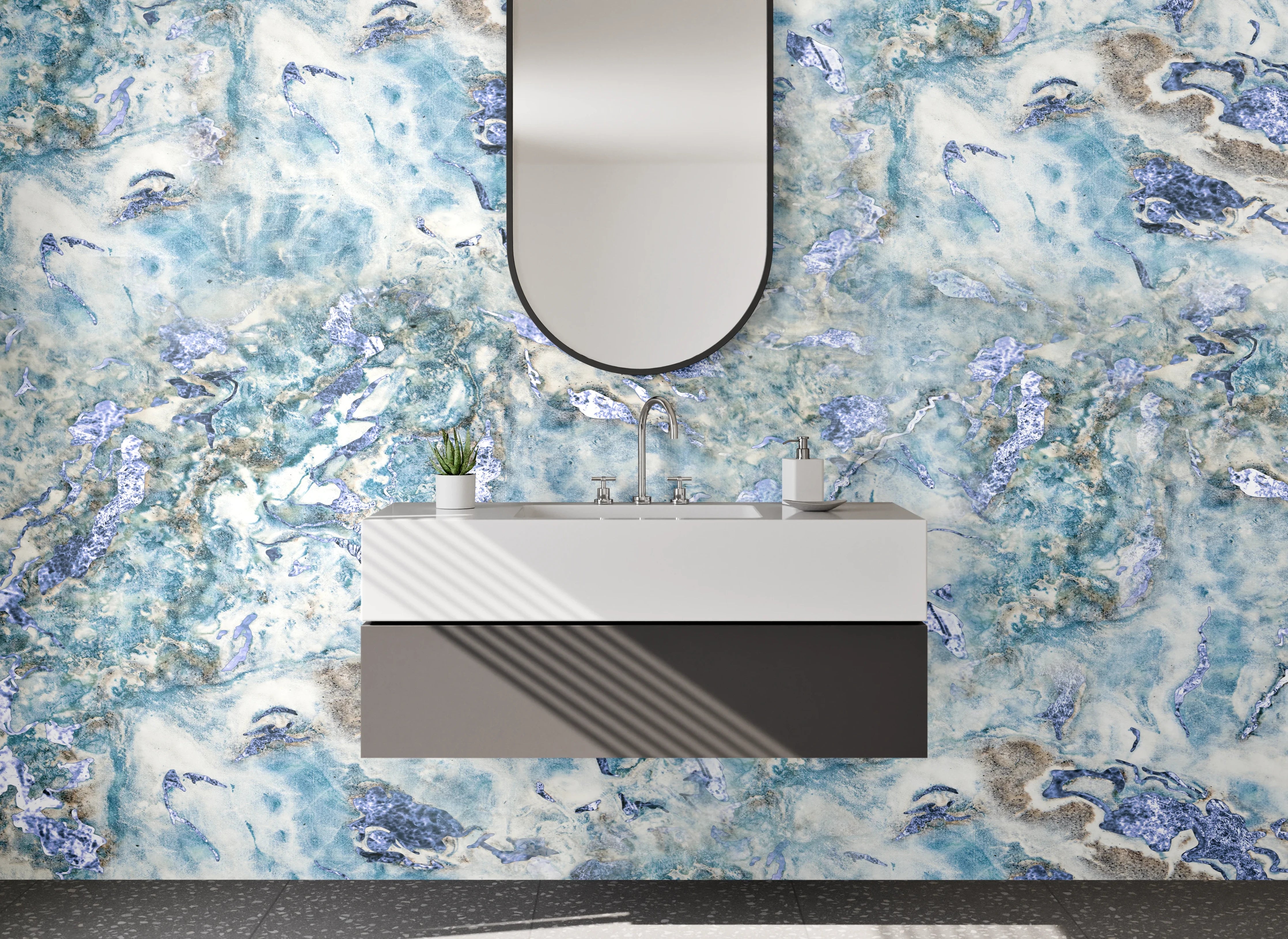 Waschbecken-Rückwand - Marmor Optik mit Blau- und Grautönen