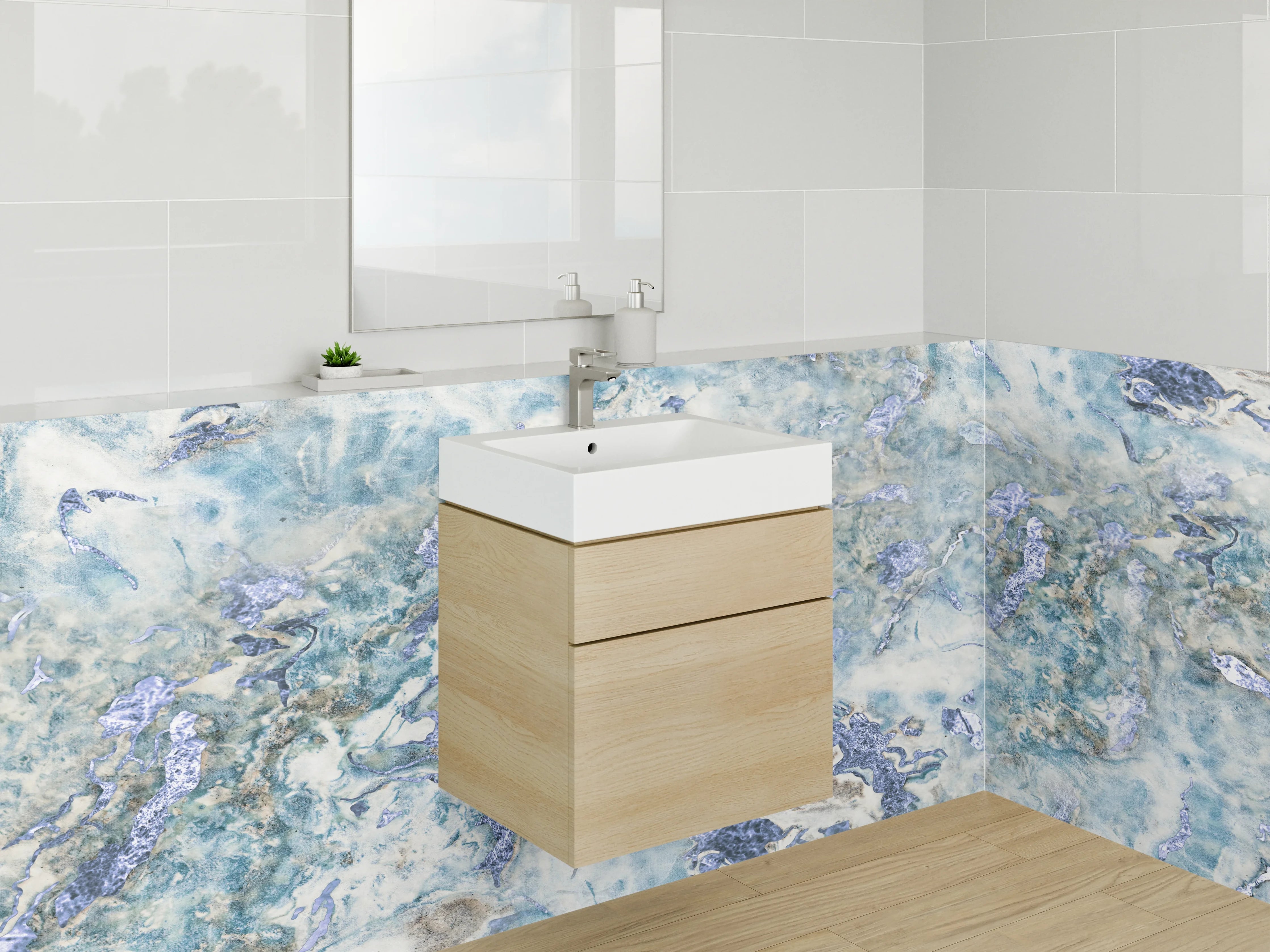 Waschbecken-Rückwand - Marmor Optik mit Blau- und Grautönen