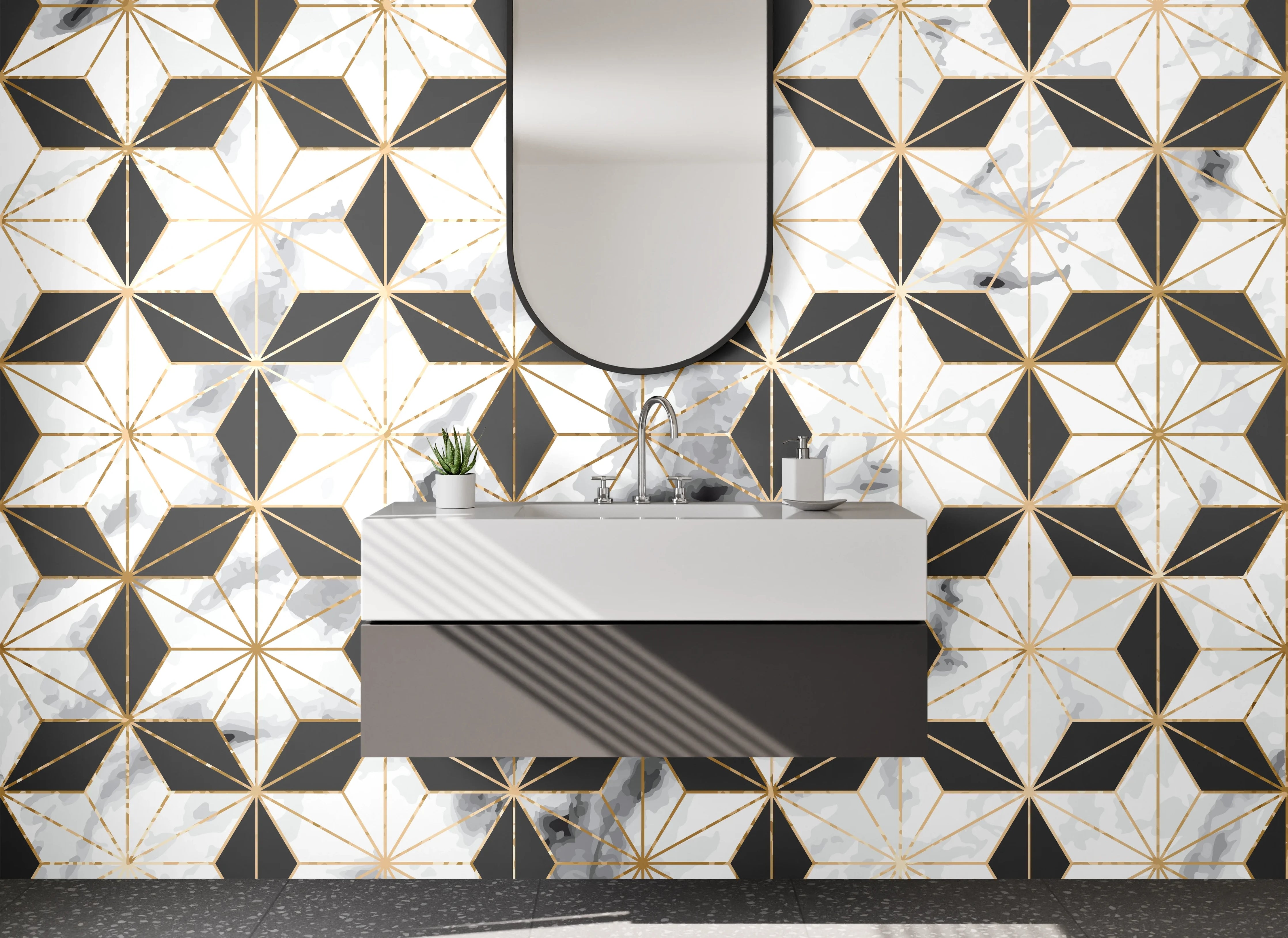 Waschbecken-Rückwand - Marmor Schwarz Weiß Gold Geometrie