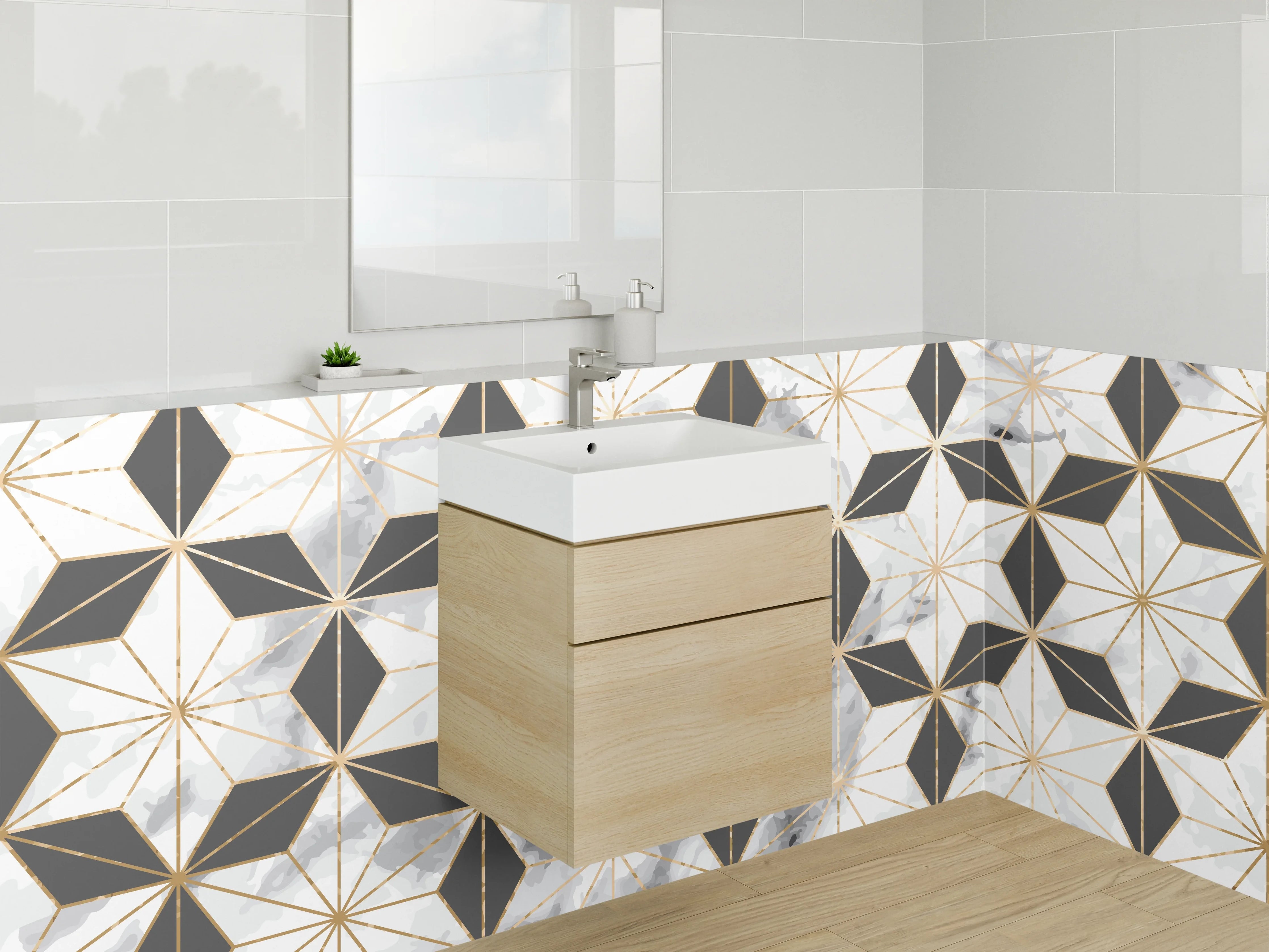 Waschbecken-Rückwand - Marmor Schwarz Weiß Gold Geometrie