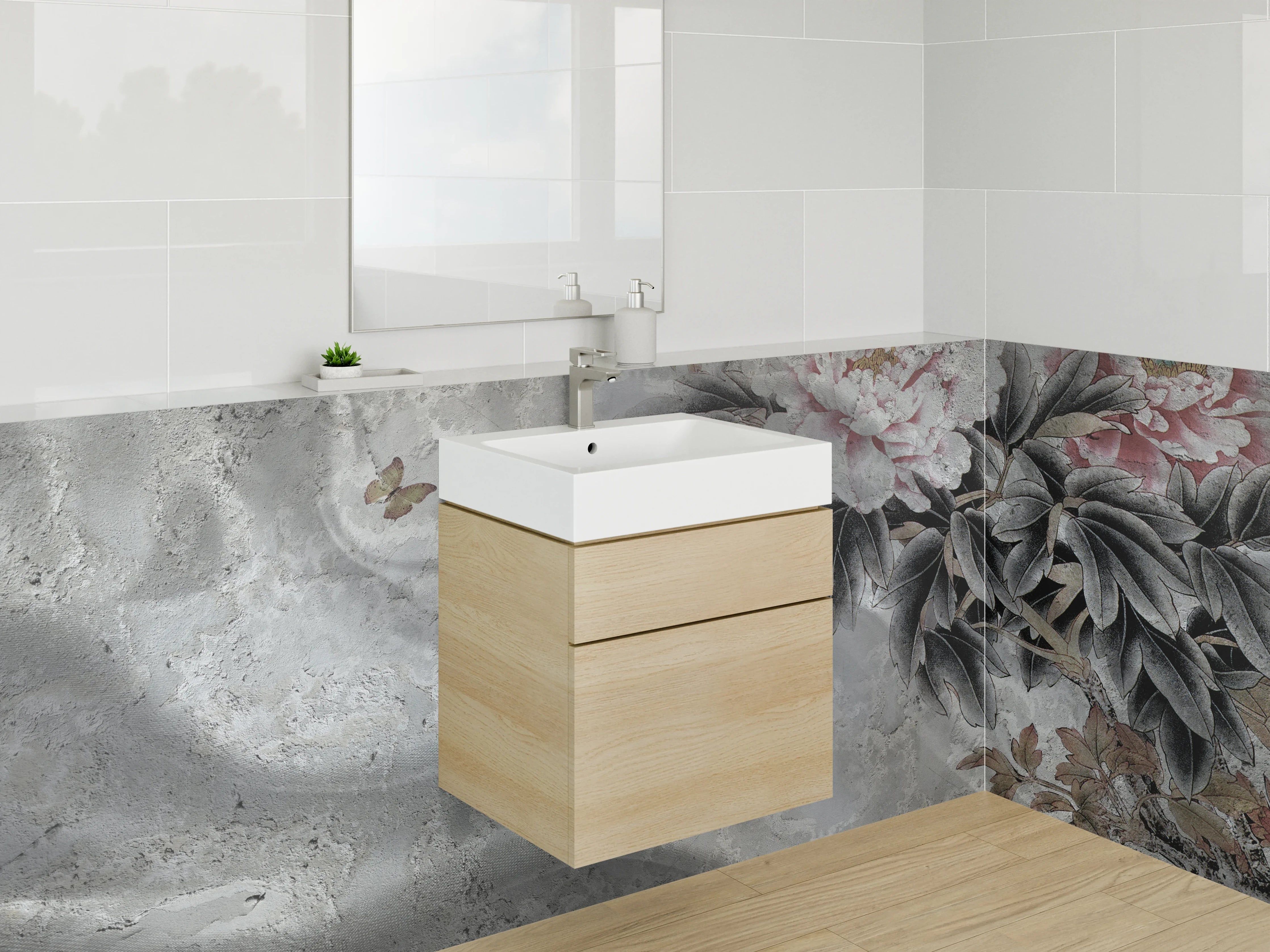 Waschbecken-Rückwand - Marmorierte Blumen mit Schmetterlingen – Kunstvoll