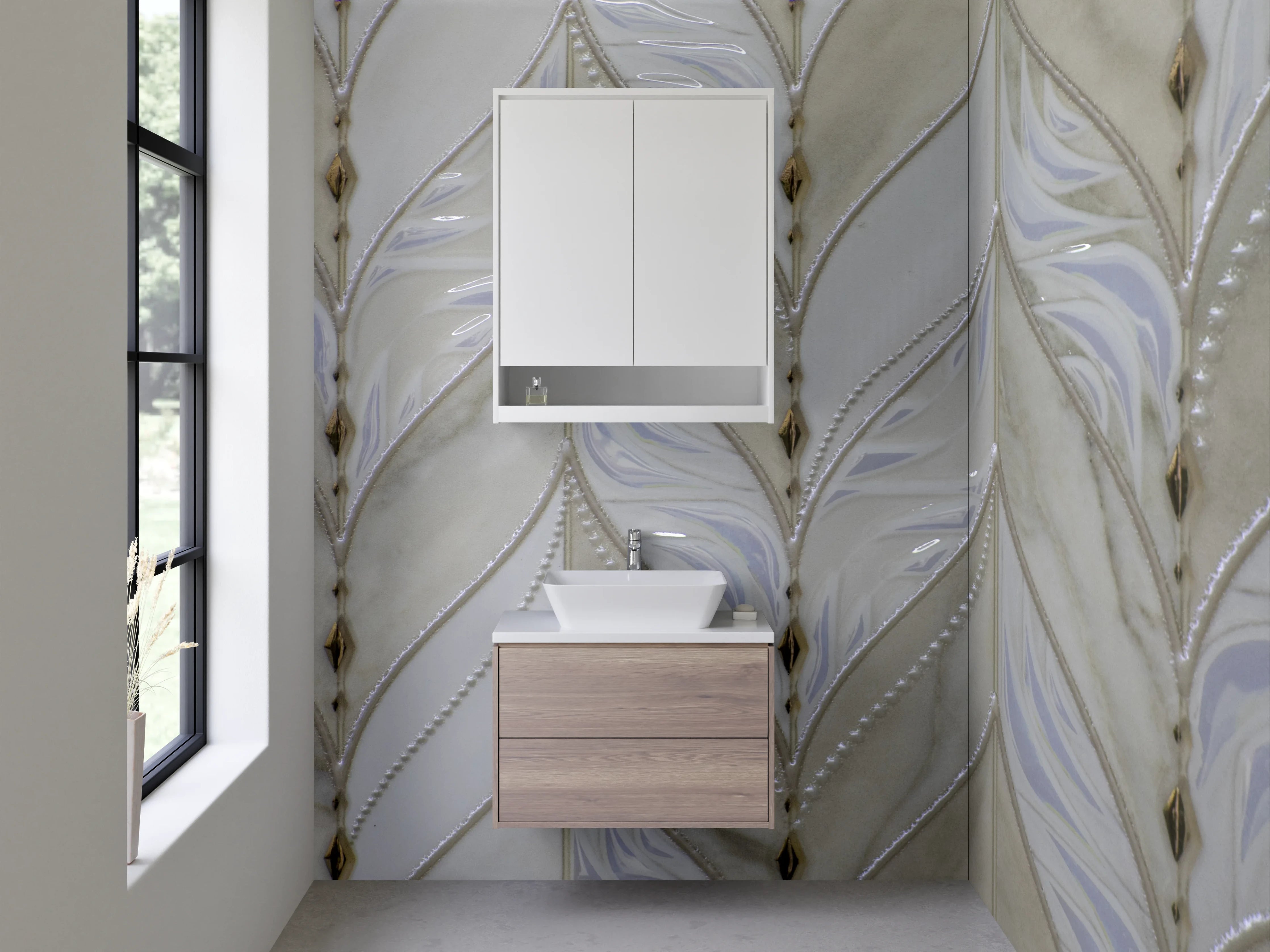Waschbecken-Rückwand - Marmorierte Fliesen in Weiß und Beige