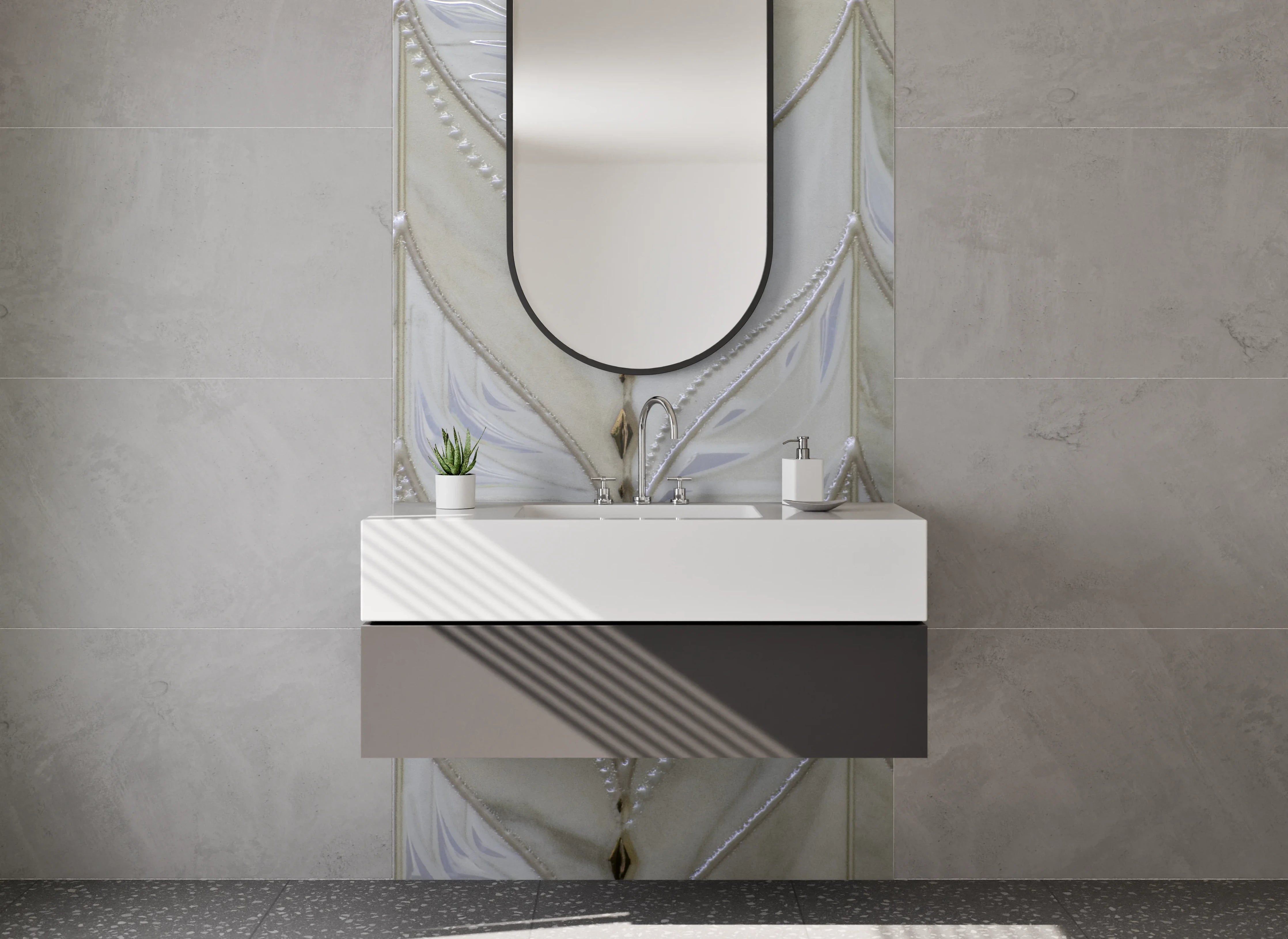 Waschbecken-Rückwand - Marmorierte Fliesen in Weiß und Beige