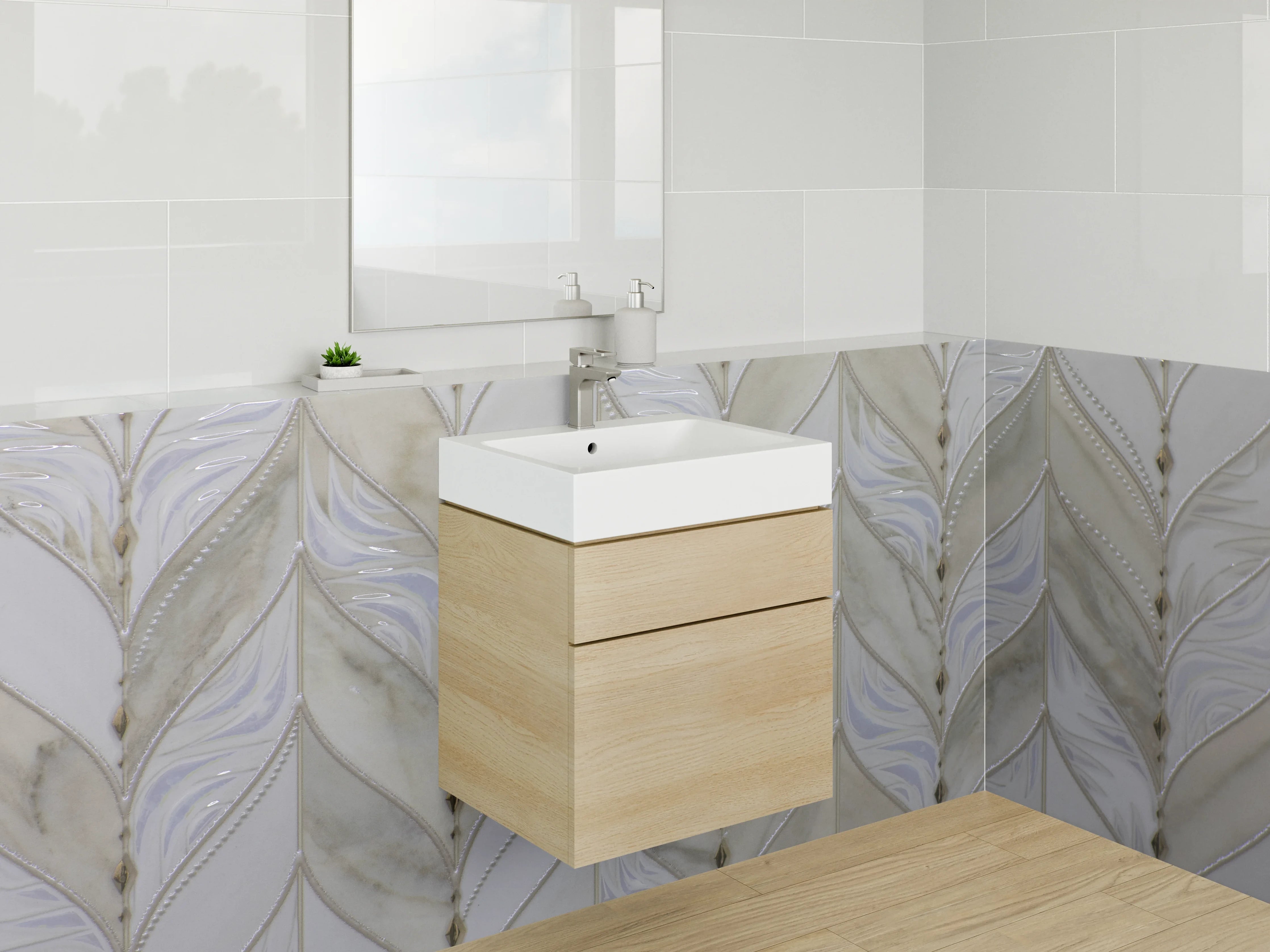 Waschbecken-Rückwand - Marmorierte Fliesen in Weiß und Beige