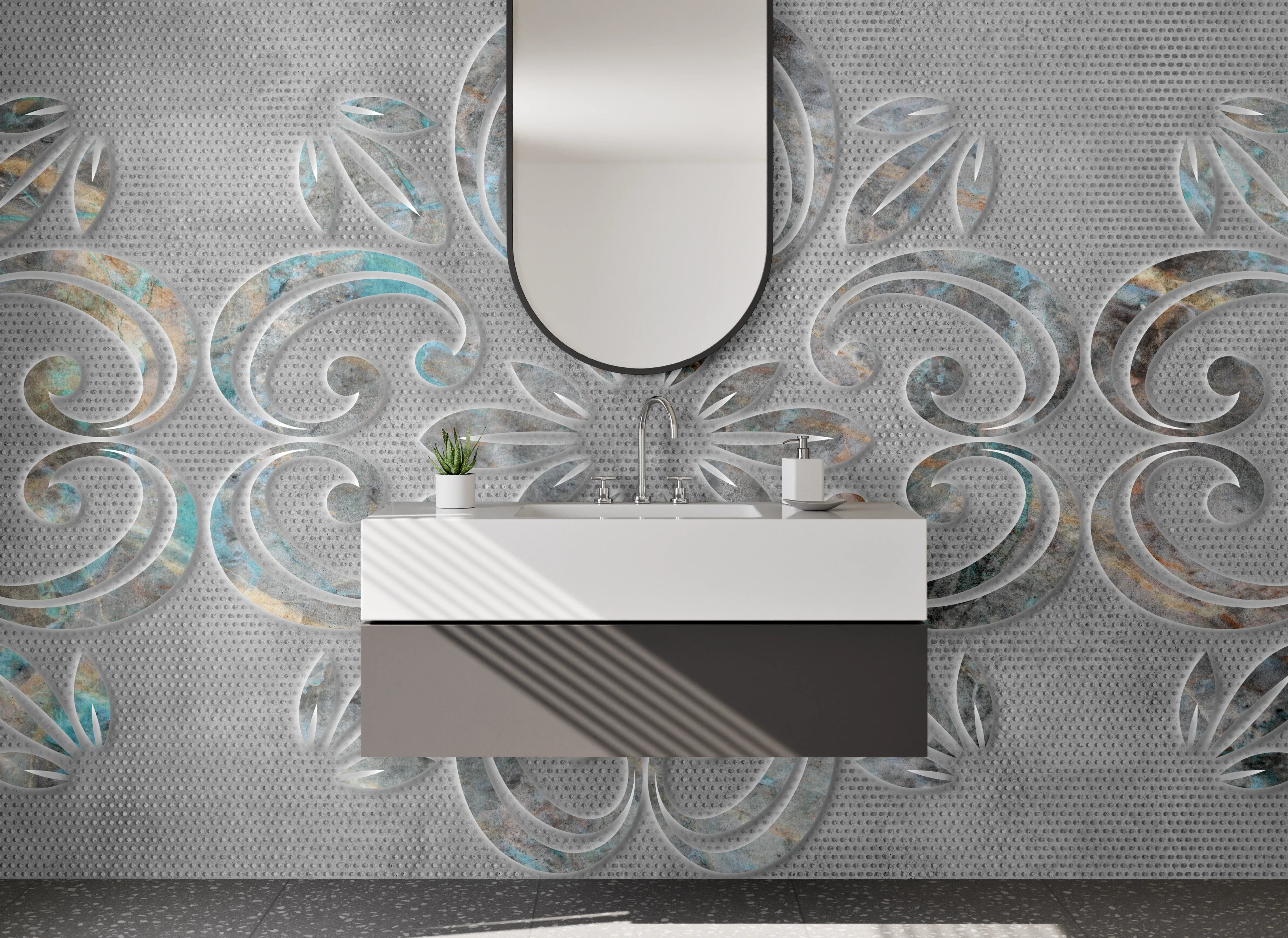 Waschbecken-Rückwand - Marmoriertes Ornament Grau Weiß Metallic