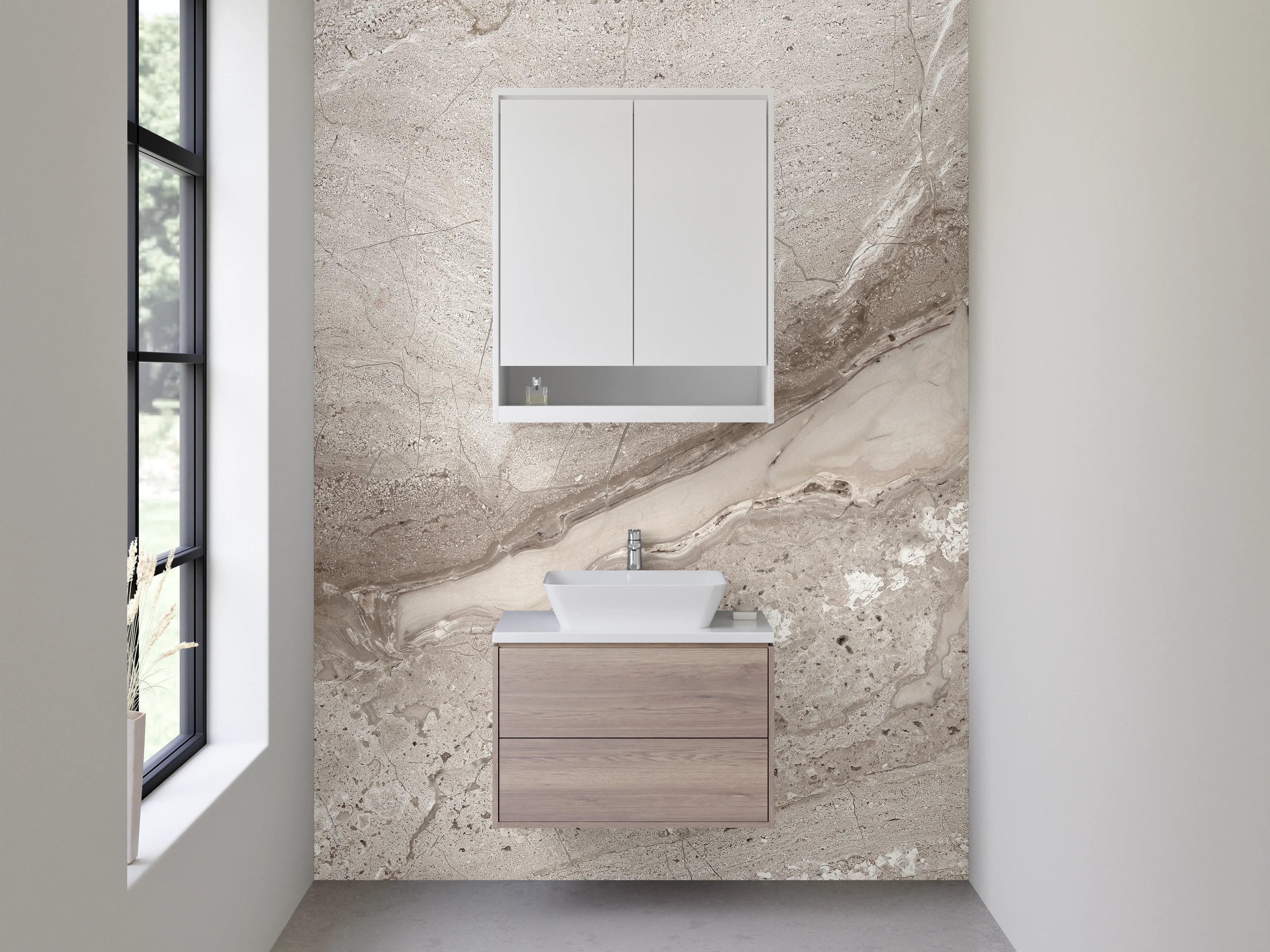 Waschbecken-Rückwand - Marmoroptik Weiß-Grau Fliesenstruktur