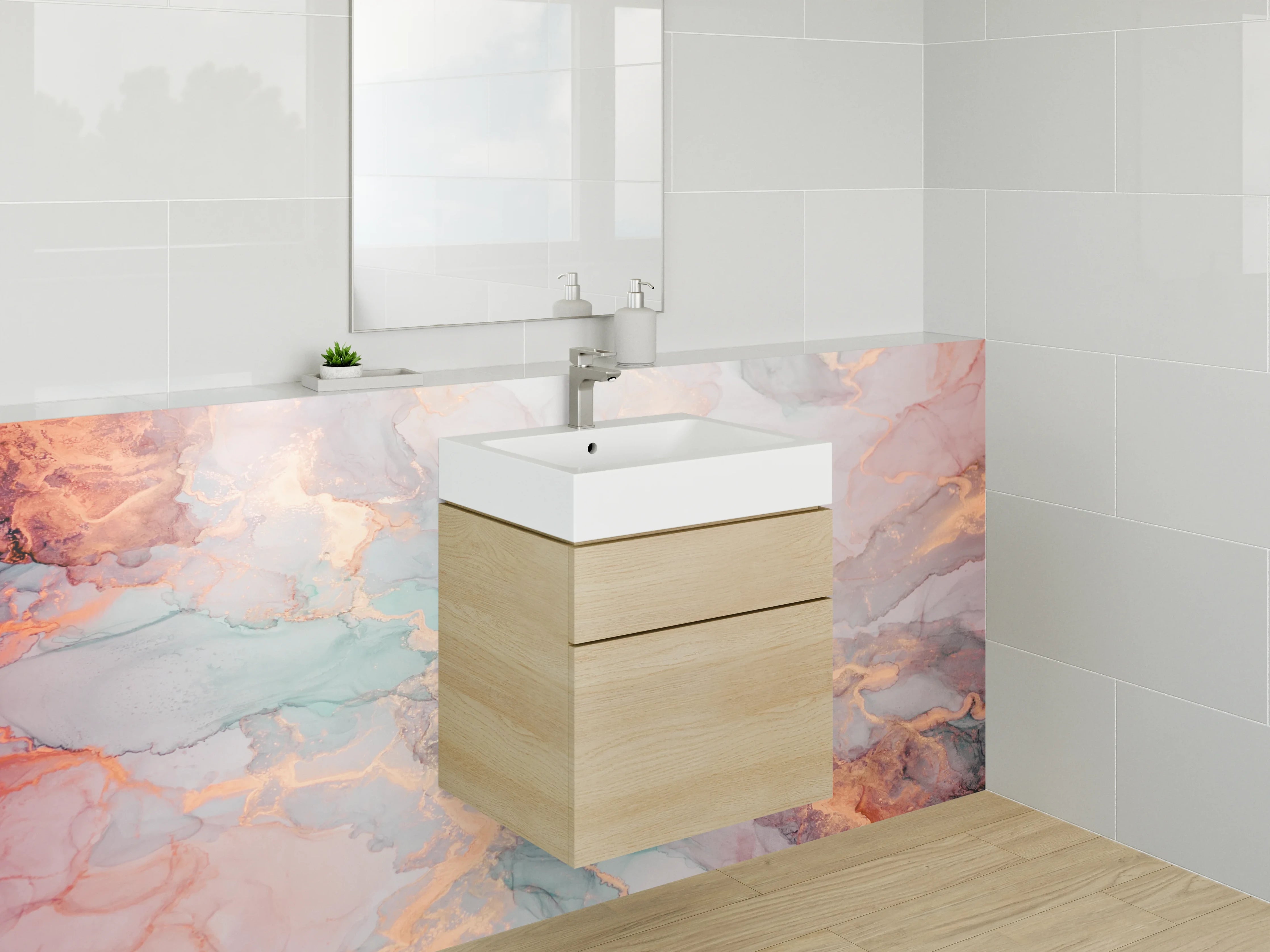 Waschbecken-Rückwand - Marmoroptik mit Gold- und Pastellakzenten