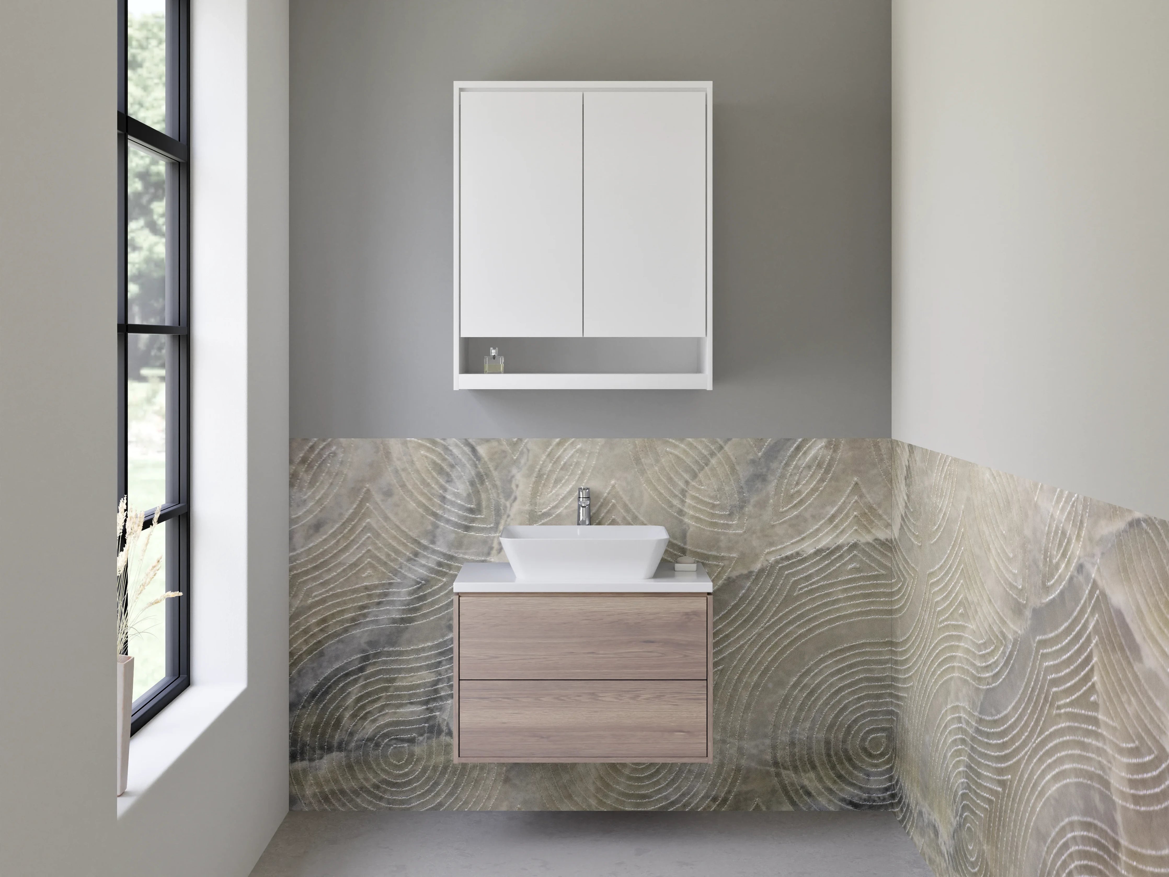 Waschbecken-Rückwand - Marmoroptik mit feinen Kreislinien