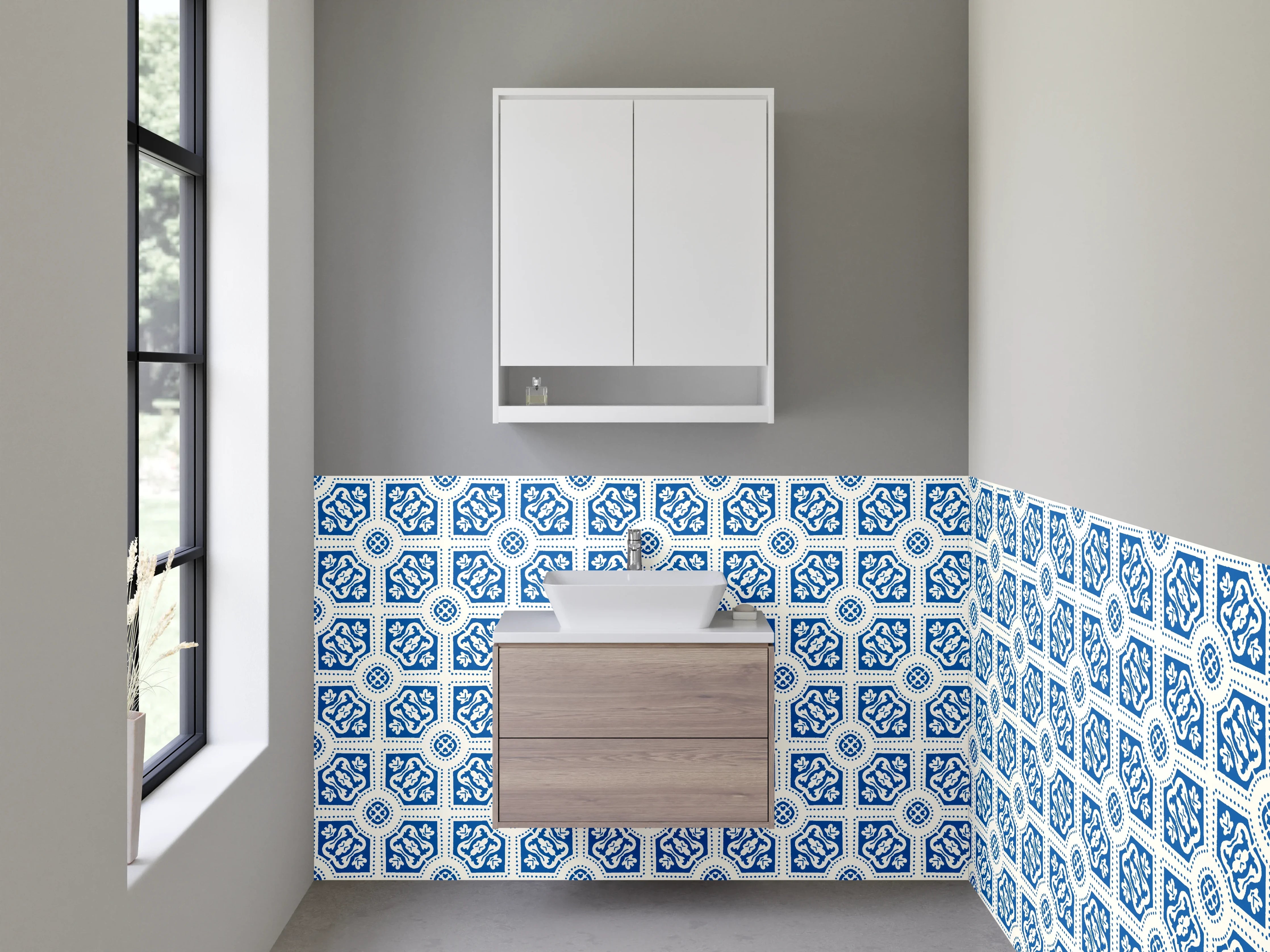 Waschbecken-Rückwand - Marokkanische Fliesenoptik Blau Grau Weiß