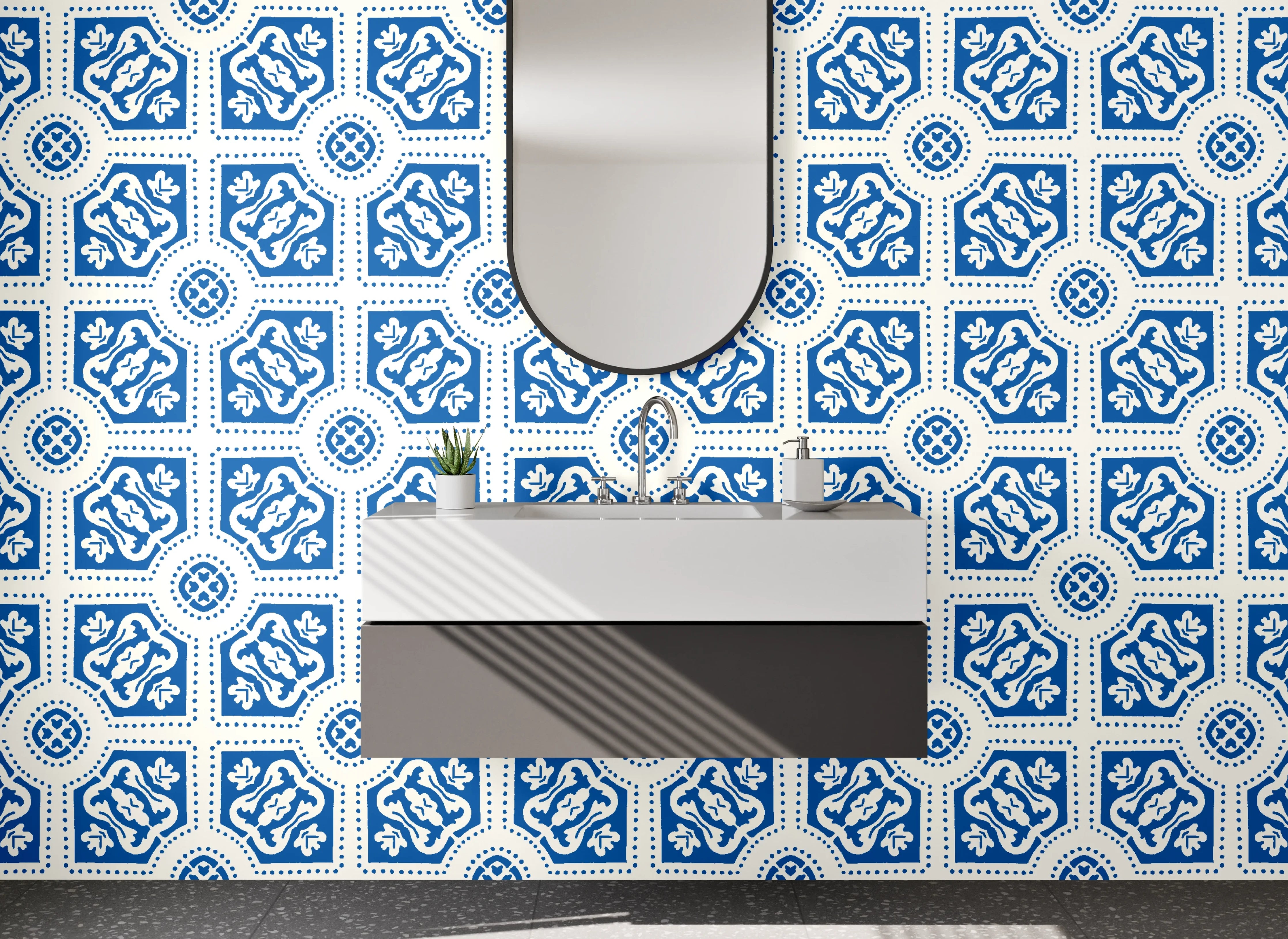 Waschbecken-Rückwand - Marokkanische Fliesenoptik Blau Grau Weiß