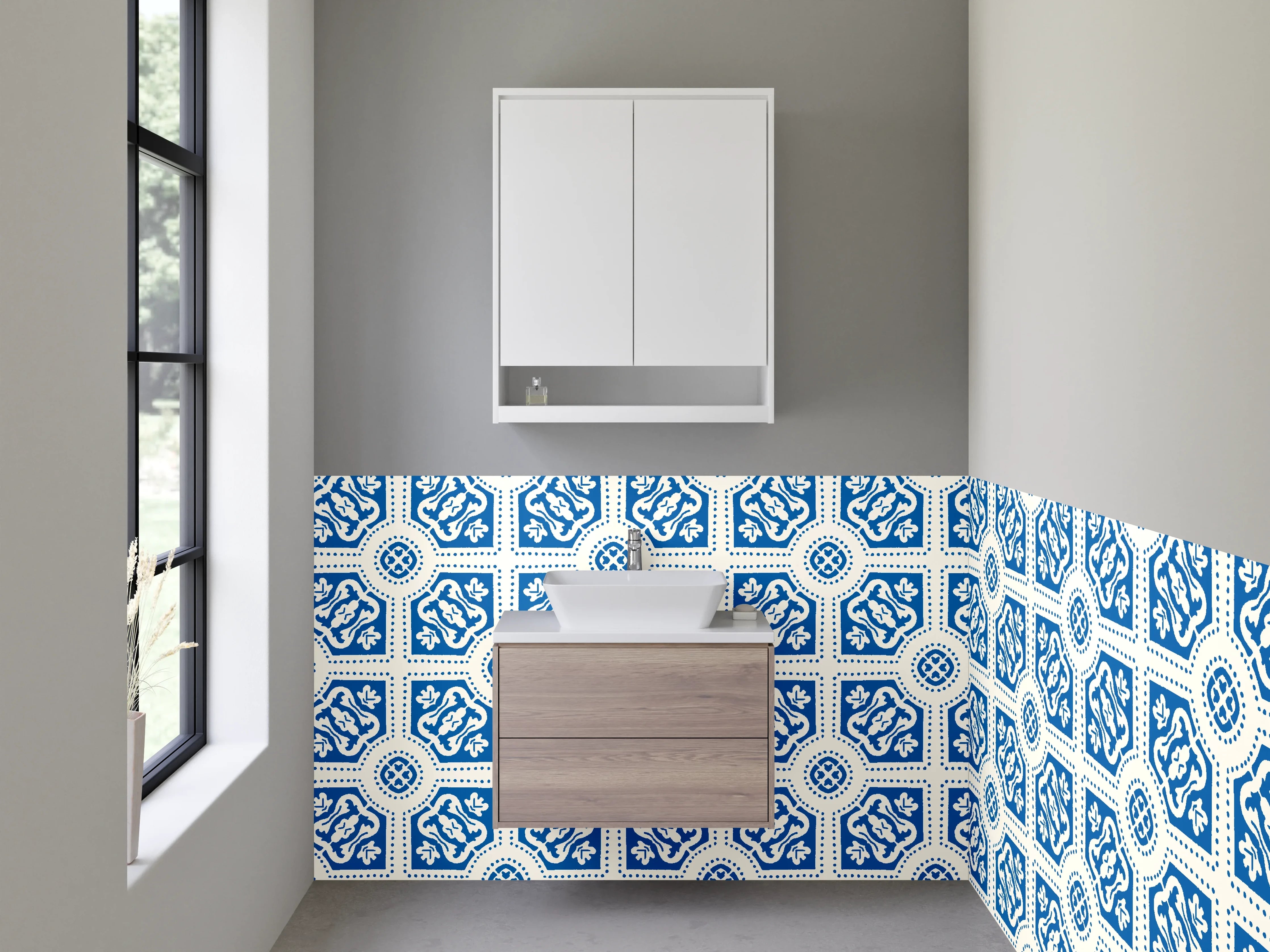 Waschbecken-Rückwand - Marokkanisches Fliesendekor Blau-Grau-Weiß