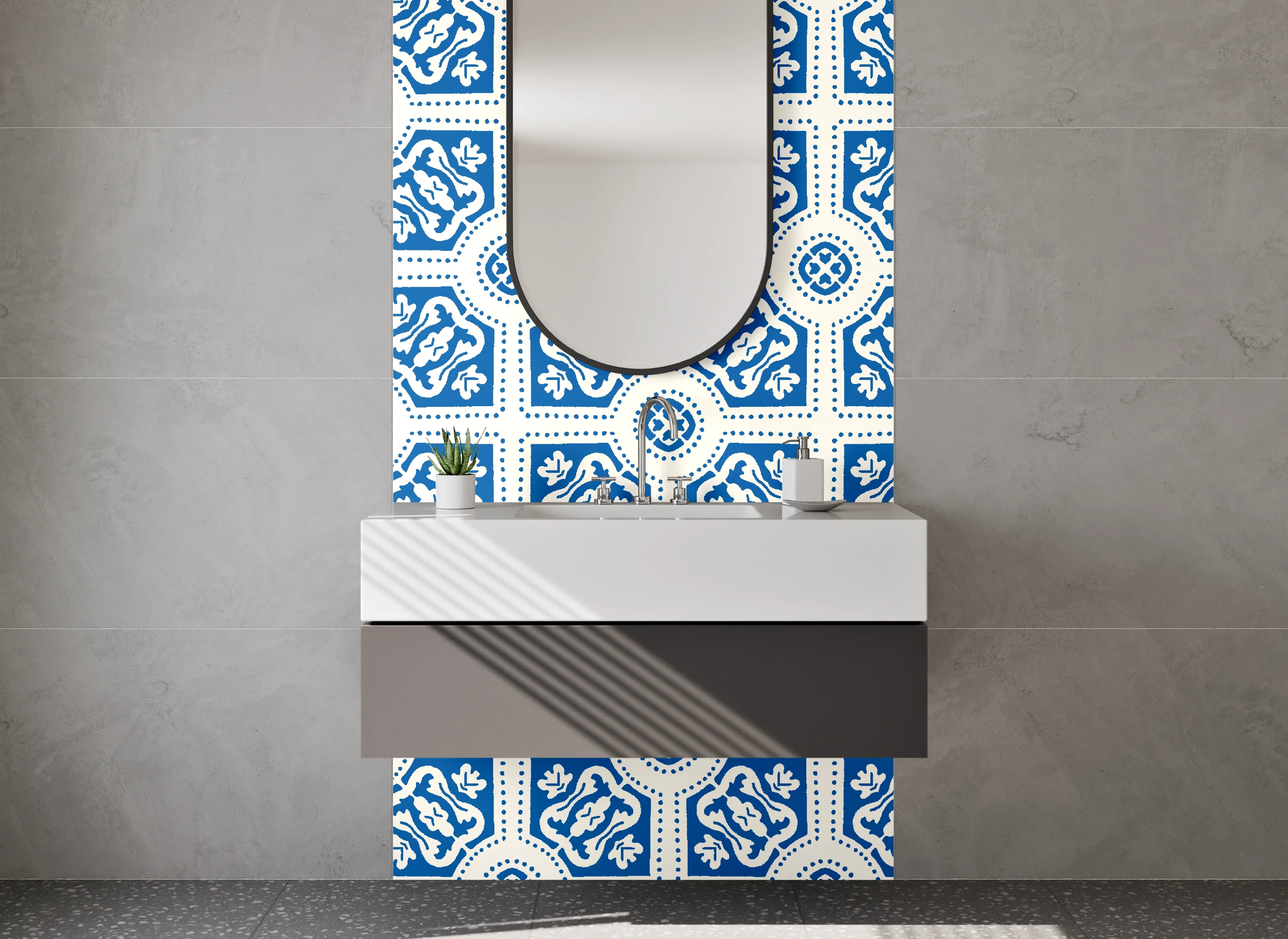 Waschbecken-Rückwand - Marokkanisches Fliesendekor Blau-Grau-Weiß