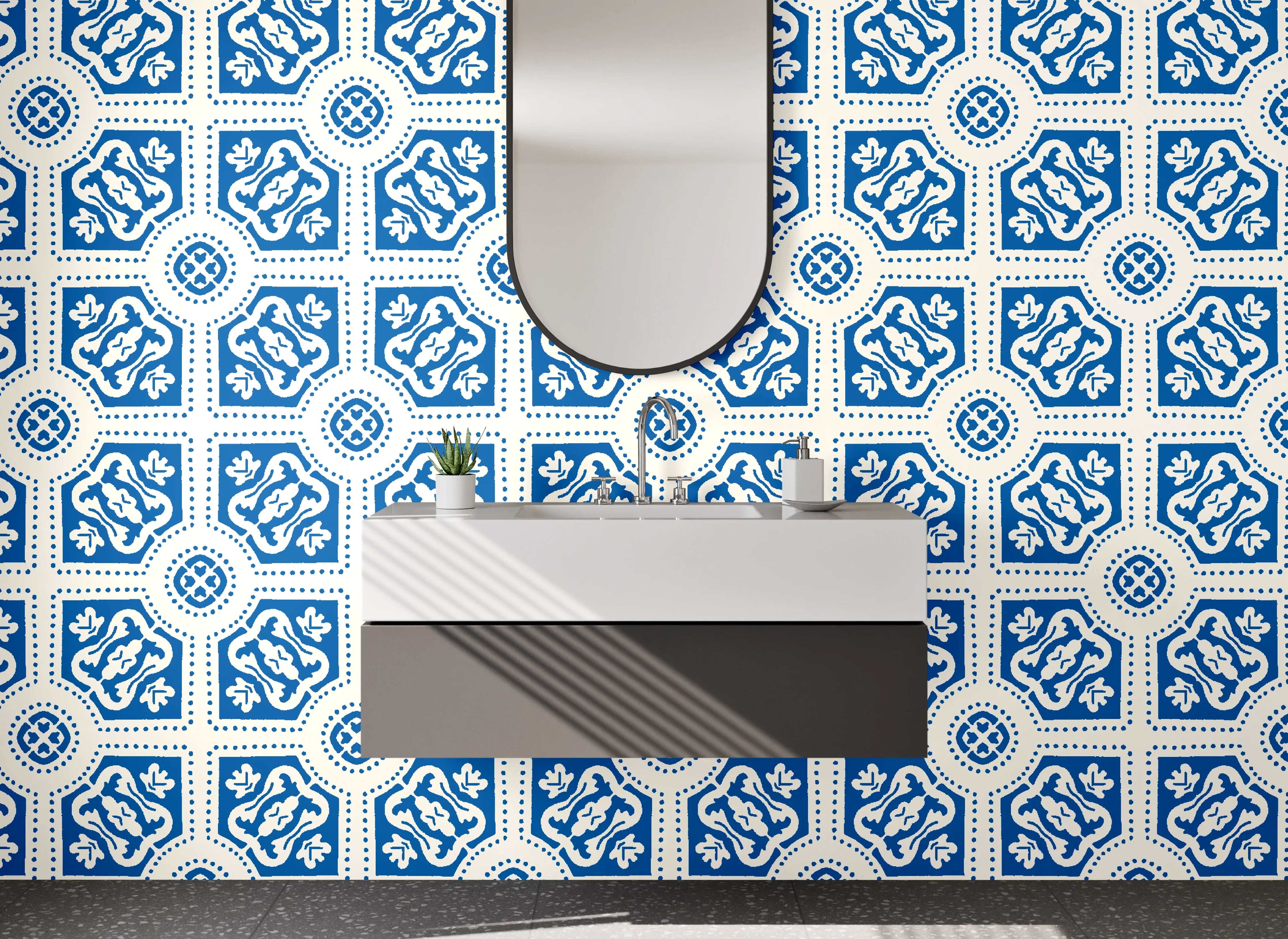 Waschbecken-Rückwand - Marokkanisches Fliesendekor Blau-Grau-Weiß