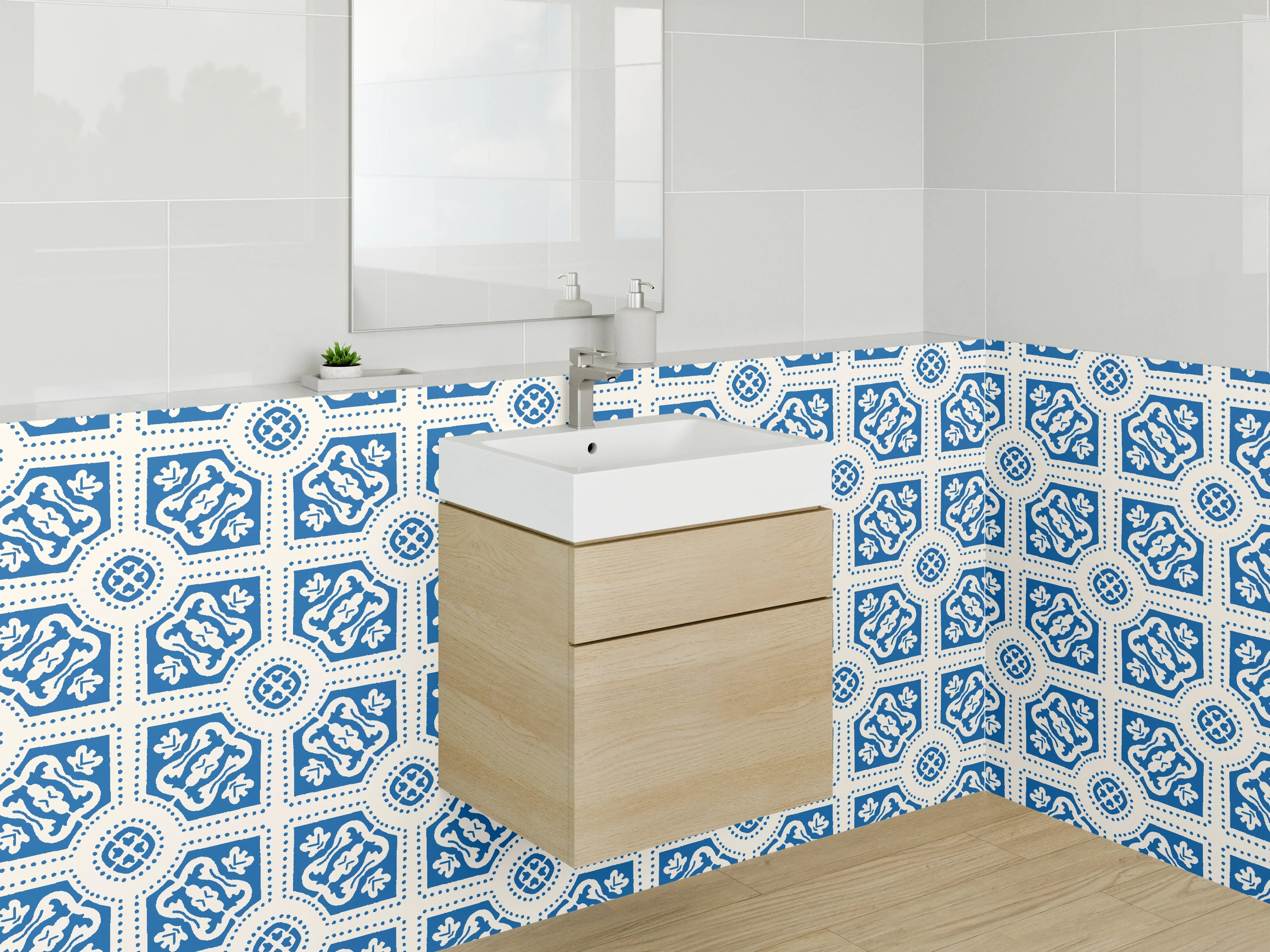 Waschbecken-Rückwand - Marokkanisches Fliesendekor Blau-Grau-Weiß