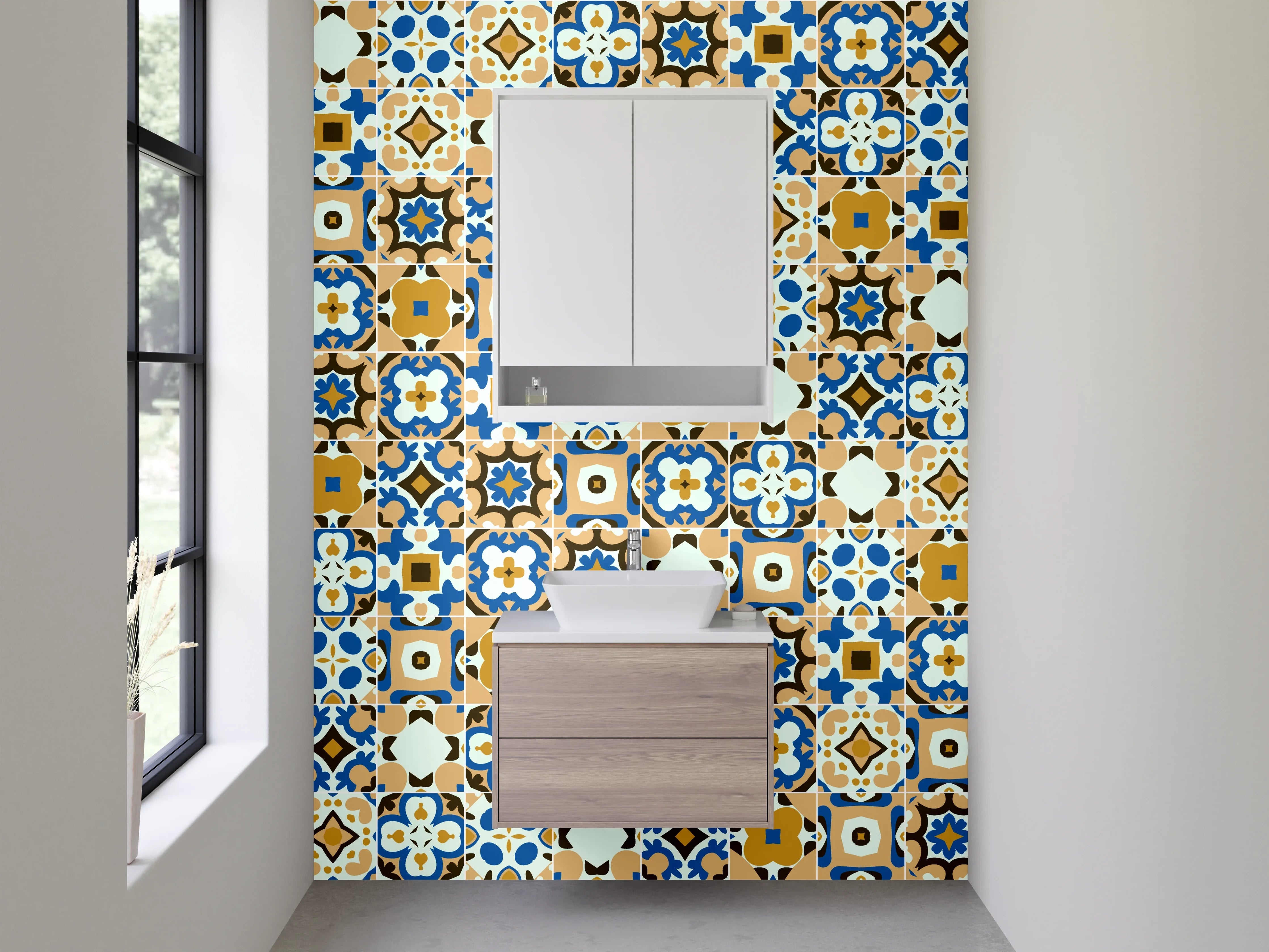 Waschbecken-Rückwand - Marokkanisches Fliesenmuster Grau-Blau-Beige