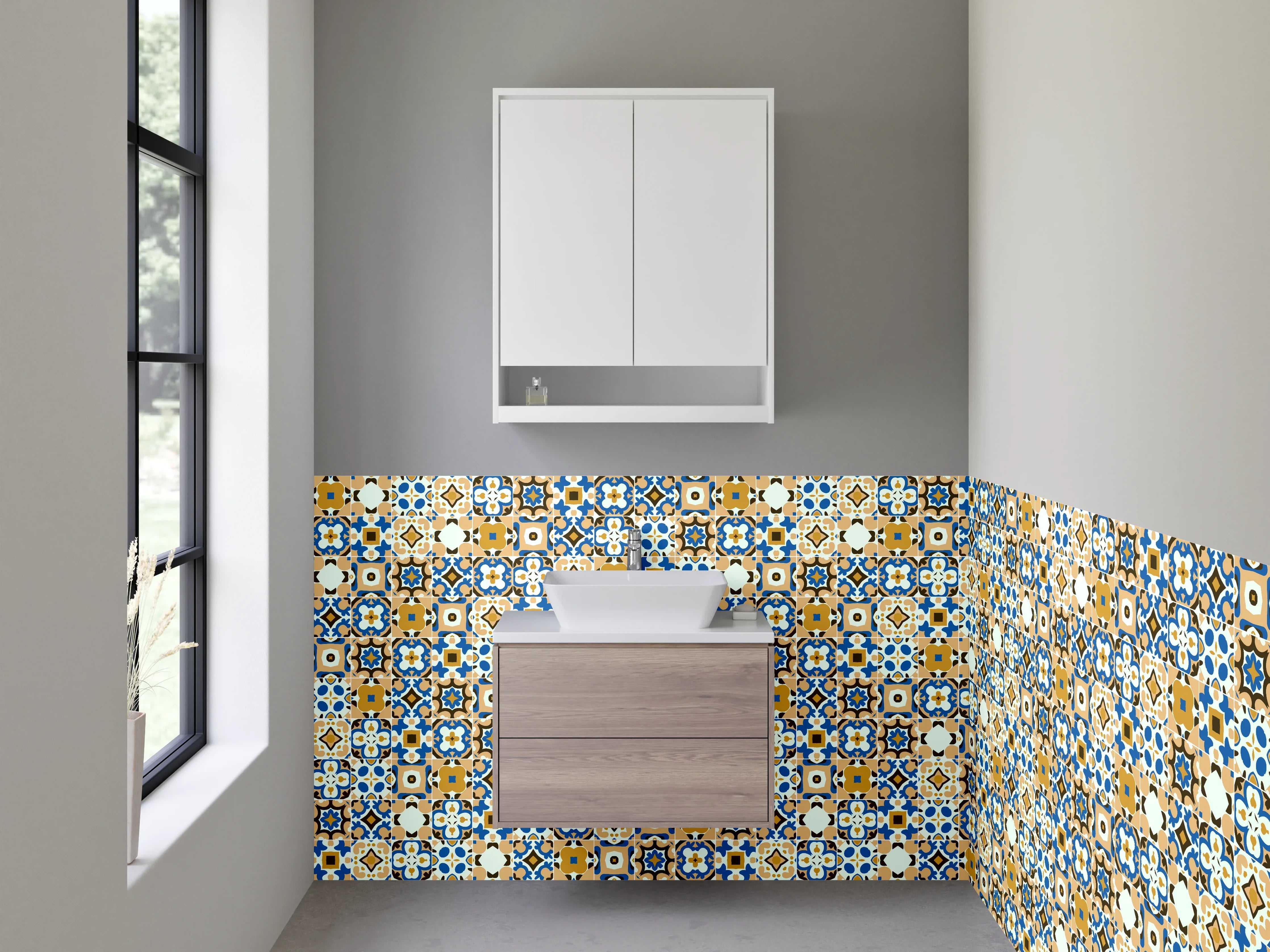 Waschbecken-Rückwand - Marokkanisches Fliesenmuster Grau-Blau-Beige