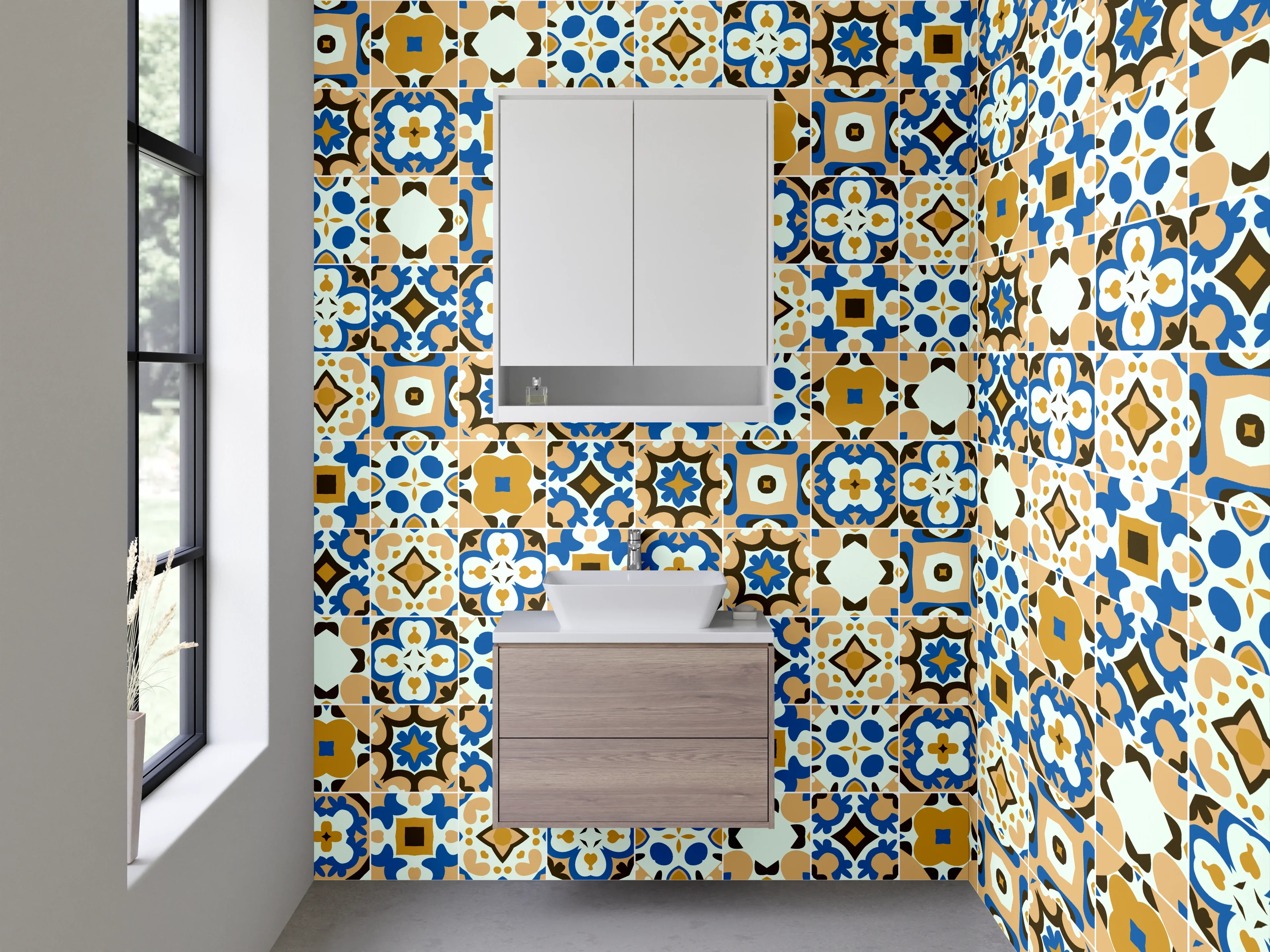 Waschbecken-Rückwand - Marokkanisches Fliesenmuster Grau-Blau-Beige