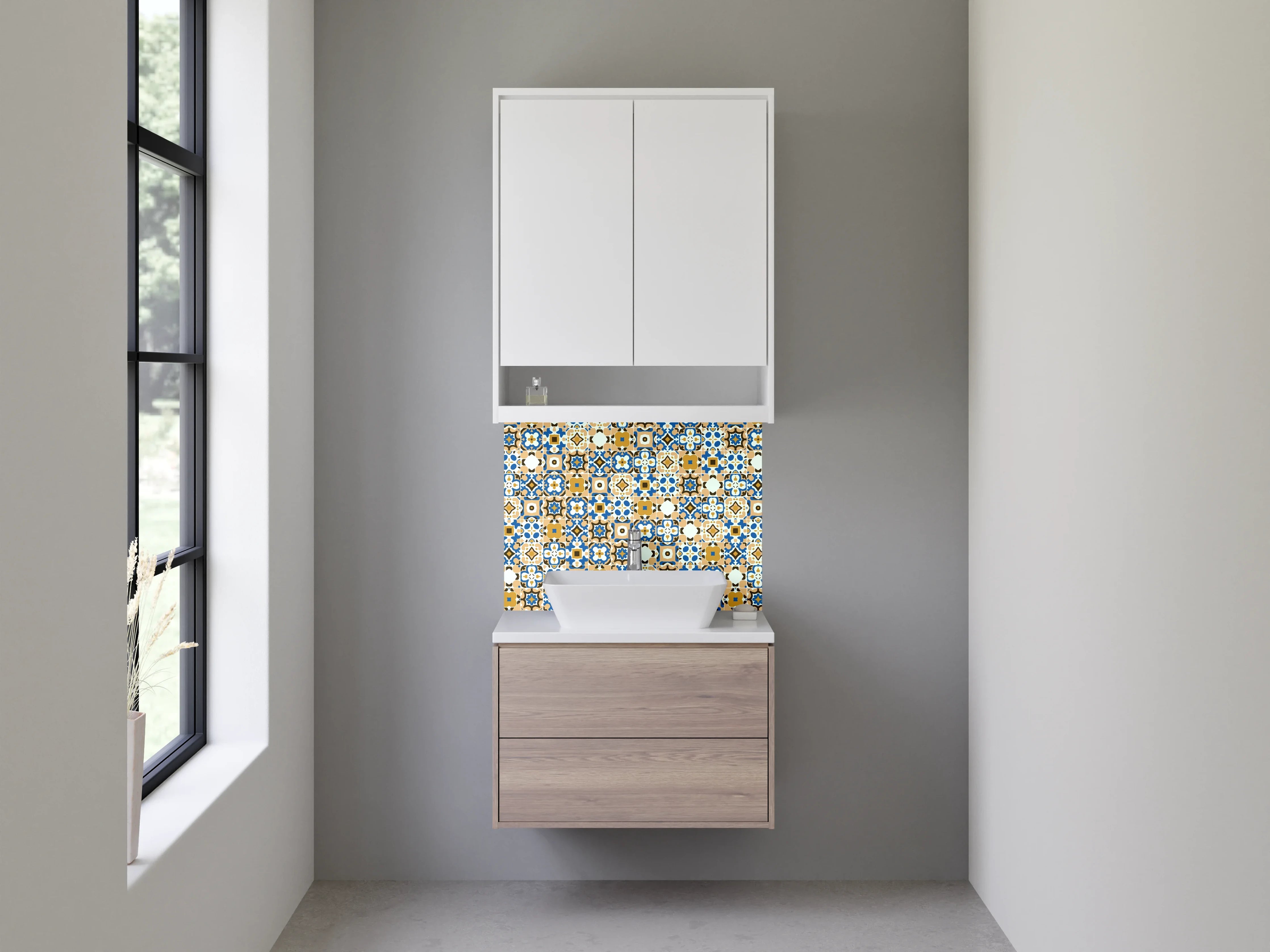 Waschbecken-Rückwand - Marokkanisches Fliesenmuster Grau-Blau-Beige