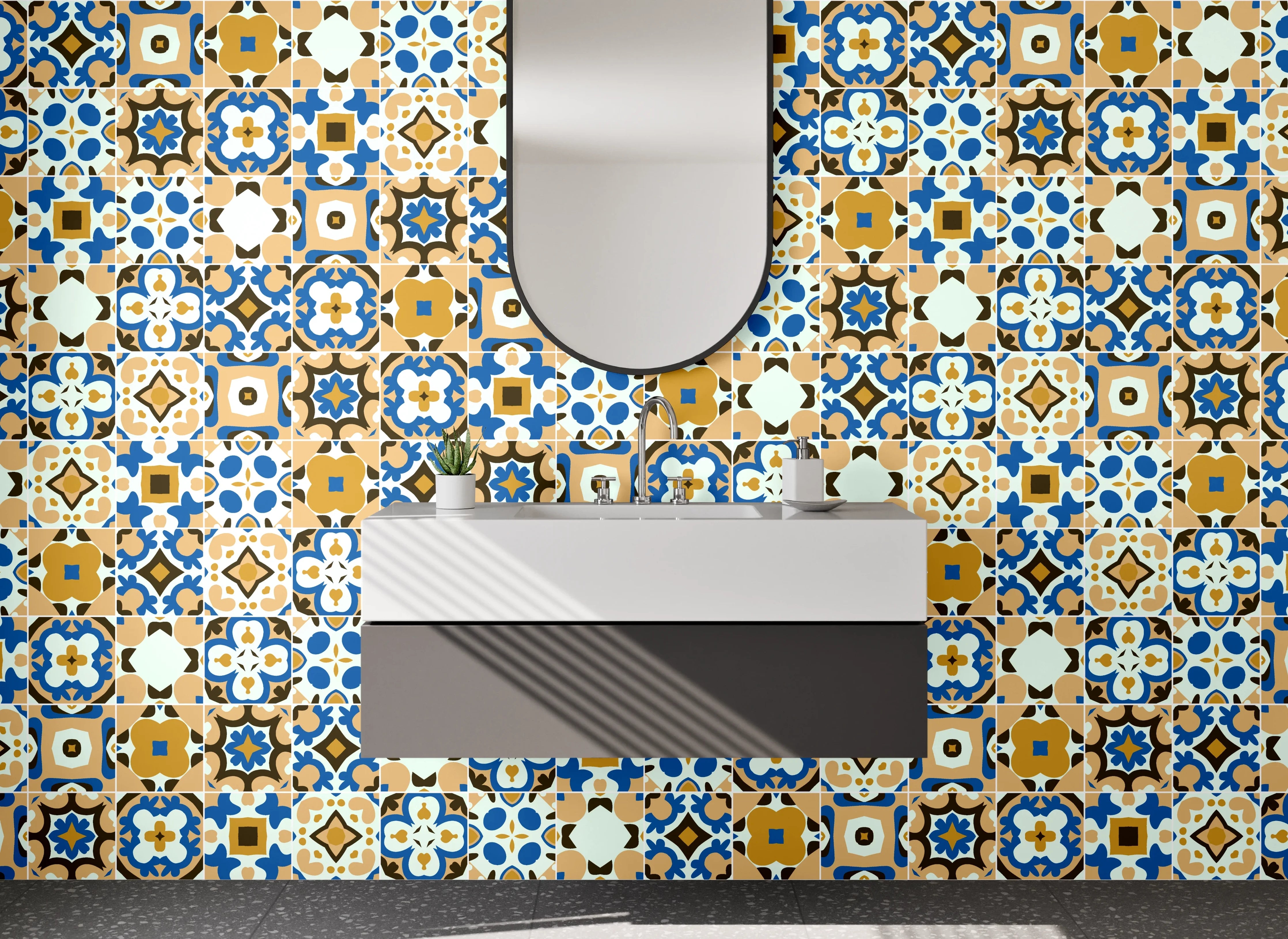 Waschbecken-Rückwand - Marokkanisches Fliesenmuster Grau-Blau-Beige