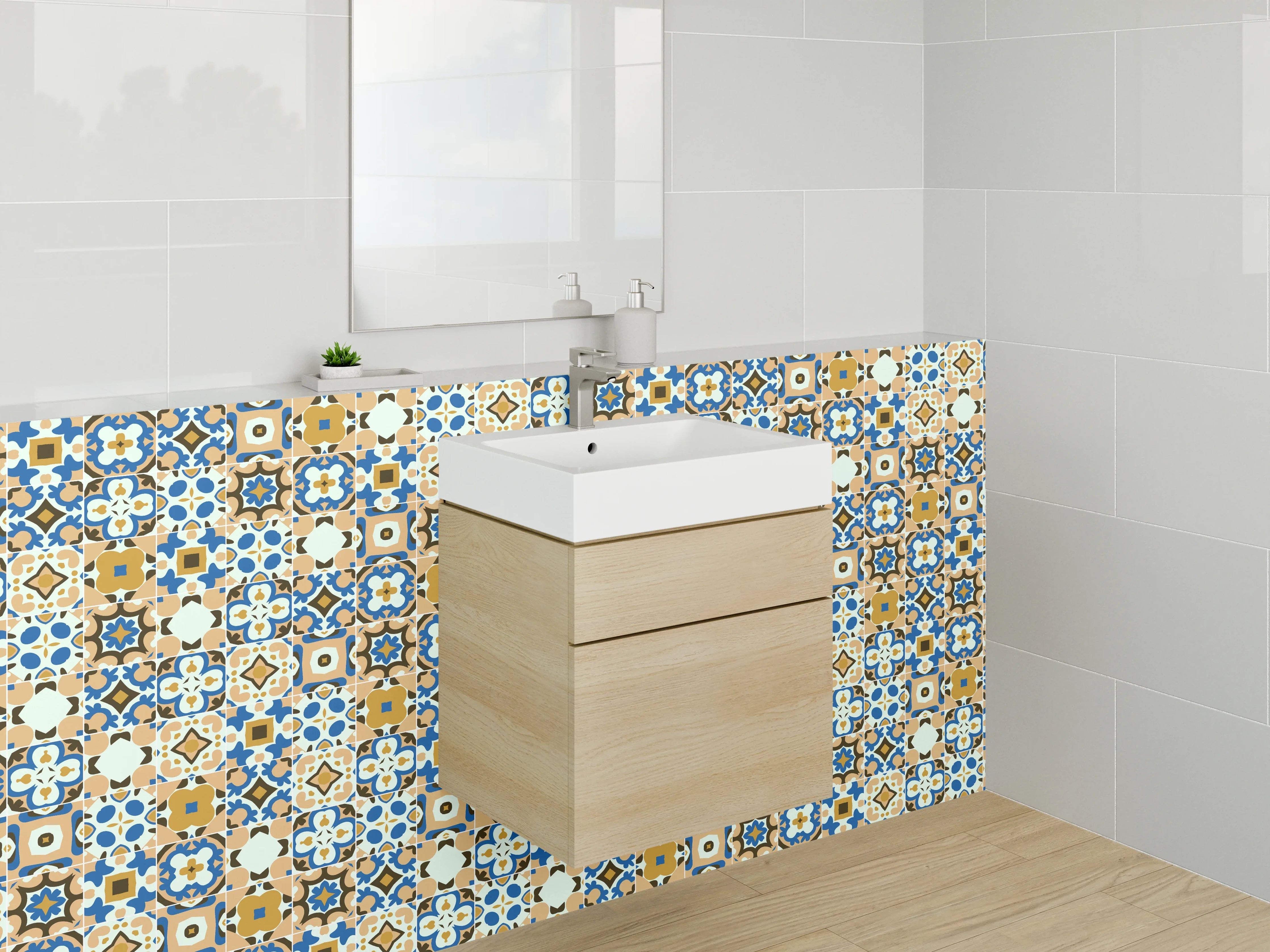 Waschbecken-Rückwand - Marokkanisches Fliesenmuster Grau-Blau-Beige