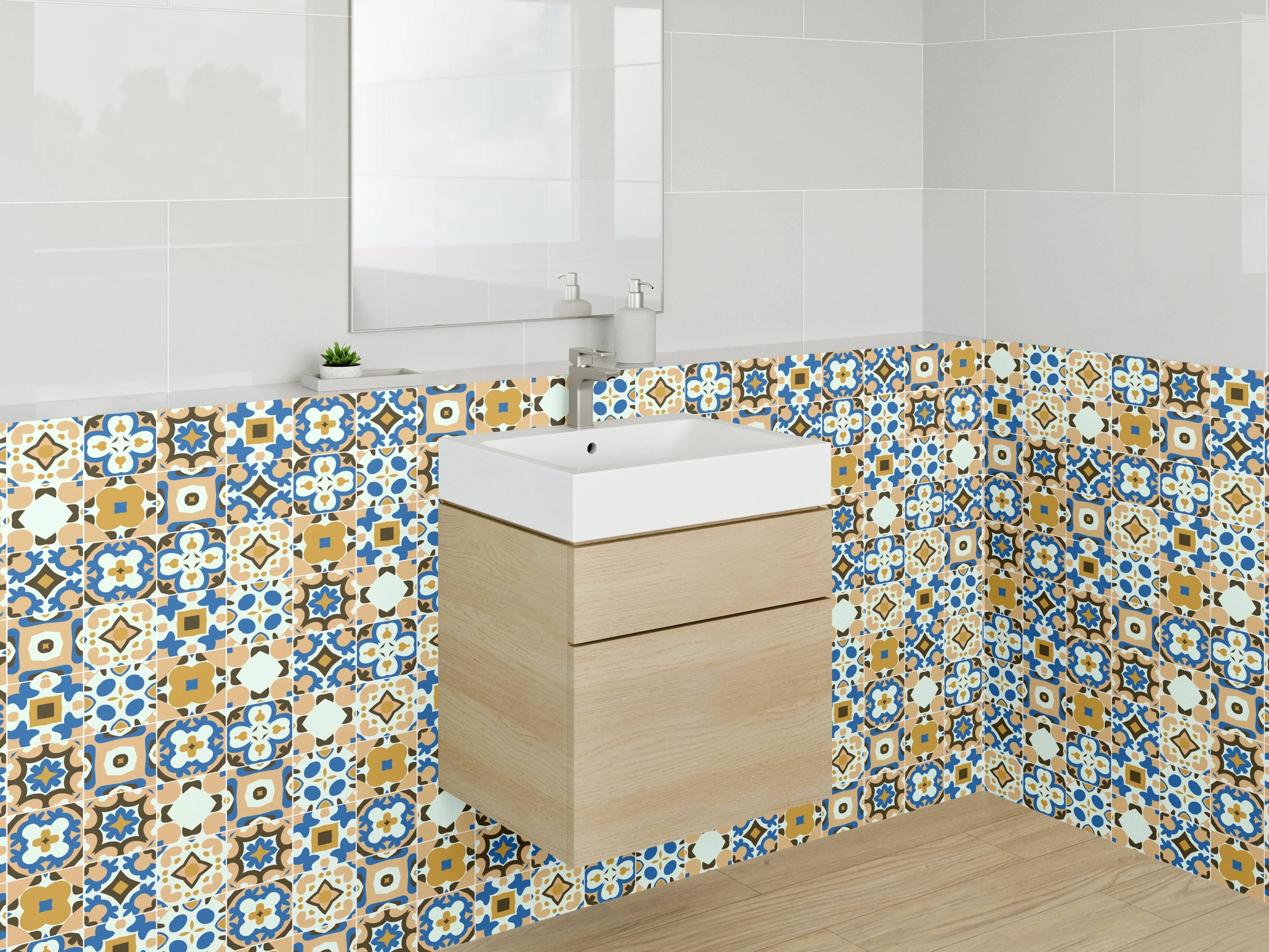 Waschbecken-Rückwand - Marokkanisches Fliesenmuster Grau-Blau-Beige