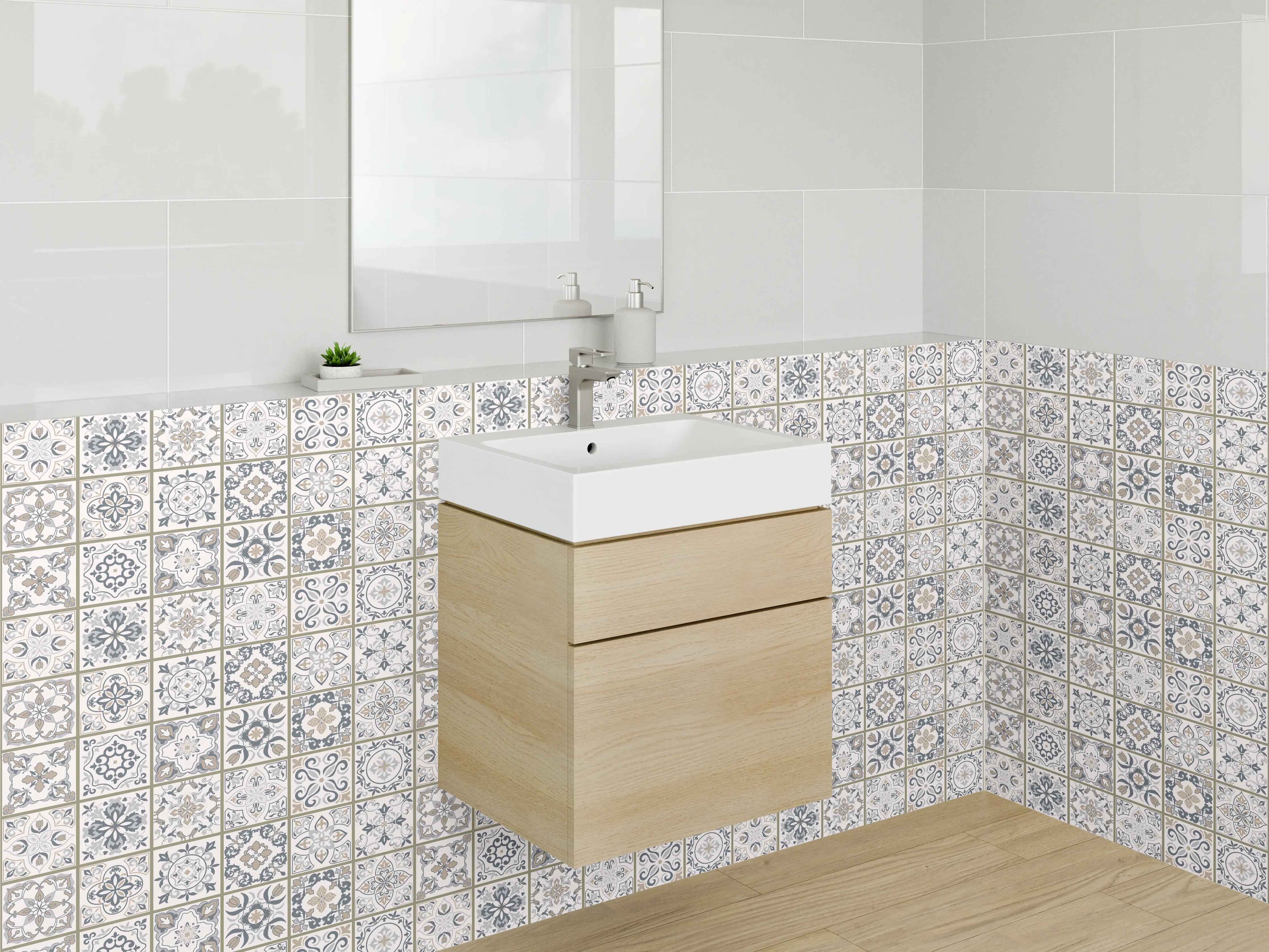Waschbecken-Rückwand - Marokkanisches Fliesenmuster in Grau-Beige