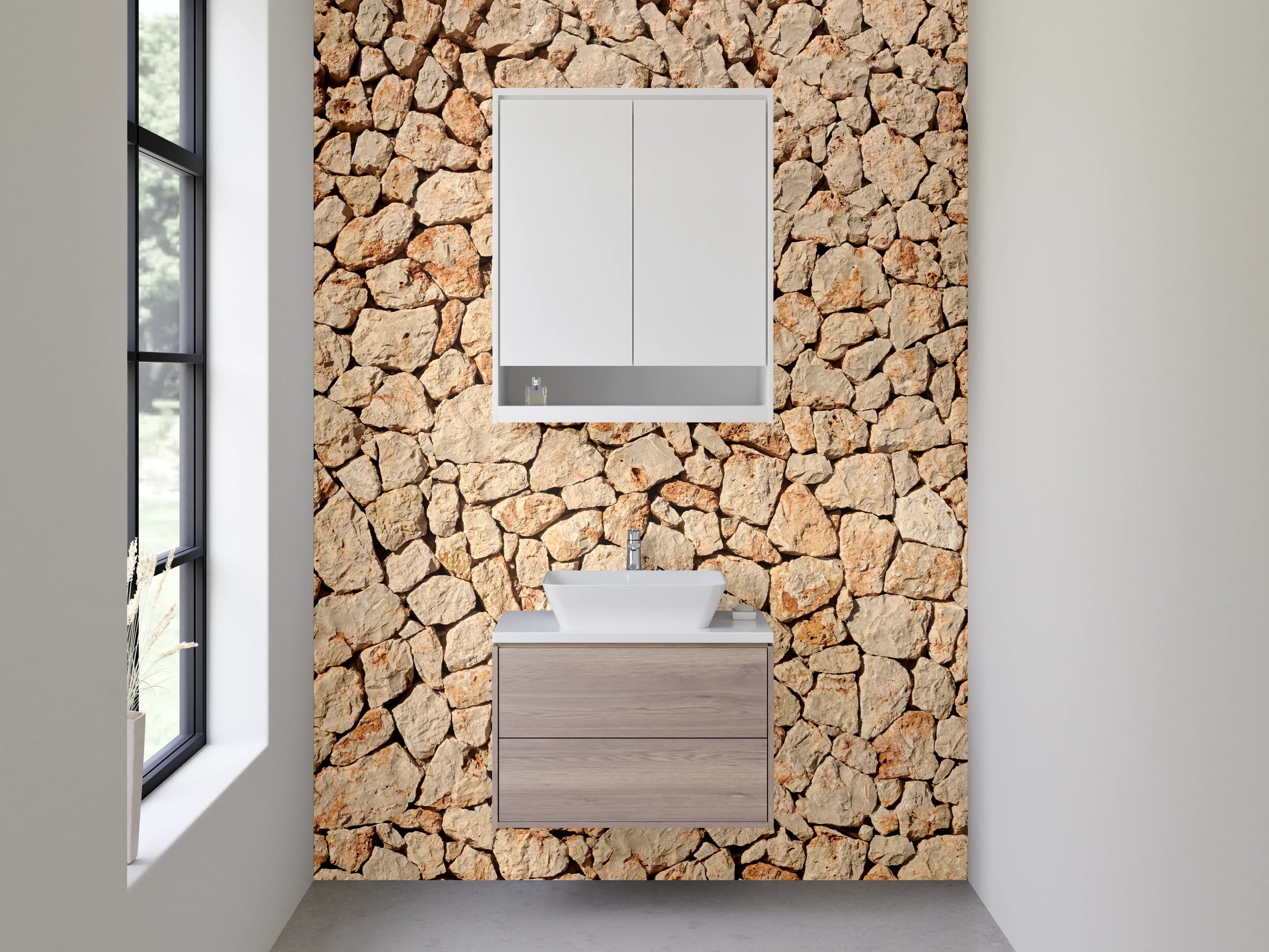 Waschbecken-Rückwand - Mediterrane Natursteinmauer Optik