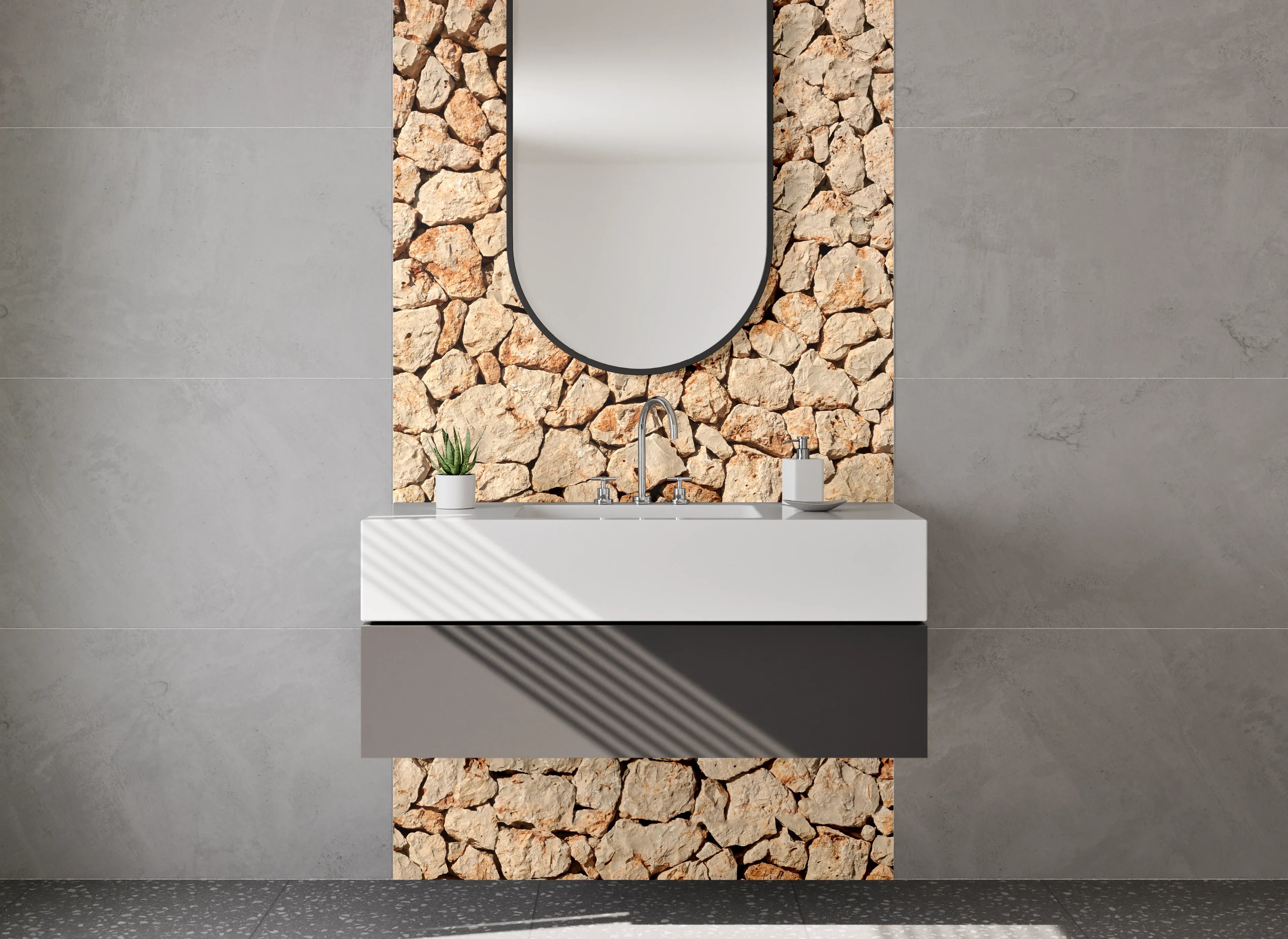Waschbecken-Rückwand - Mediterrane Natursteinmauer Optik