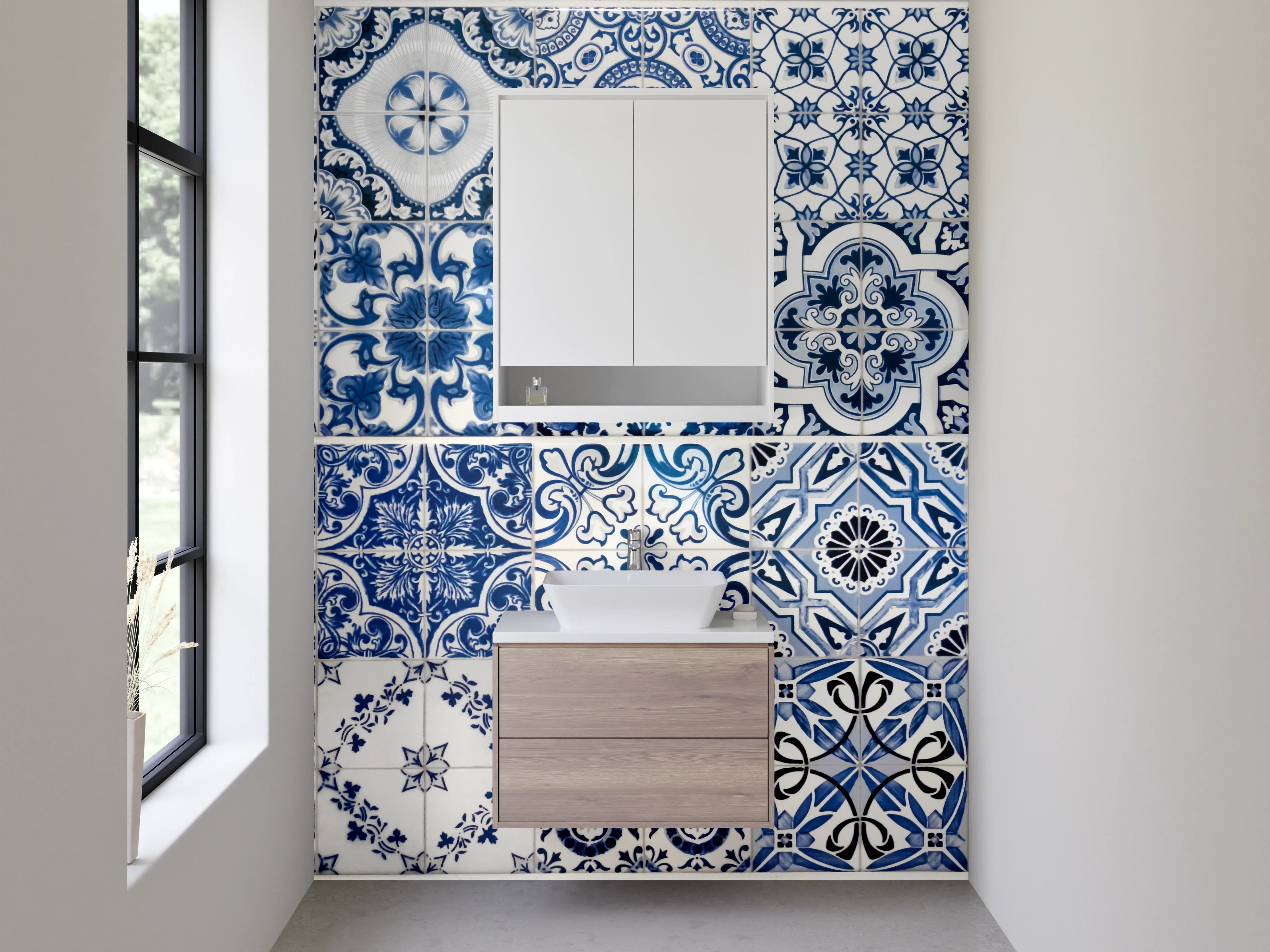 Waschbecken-Rückwand - Mediterrane Vintage-Fliesen Blau-Weiß