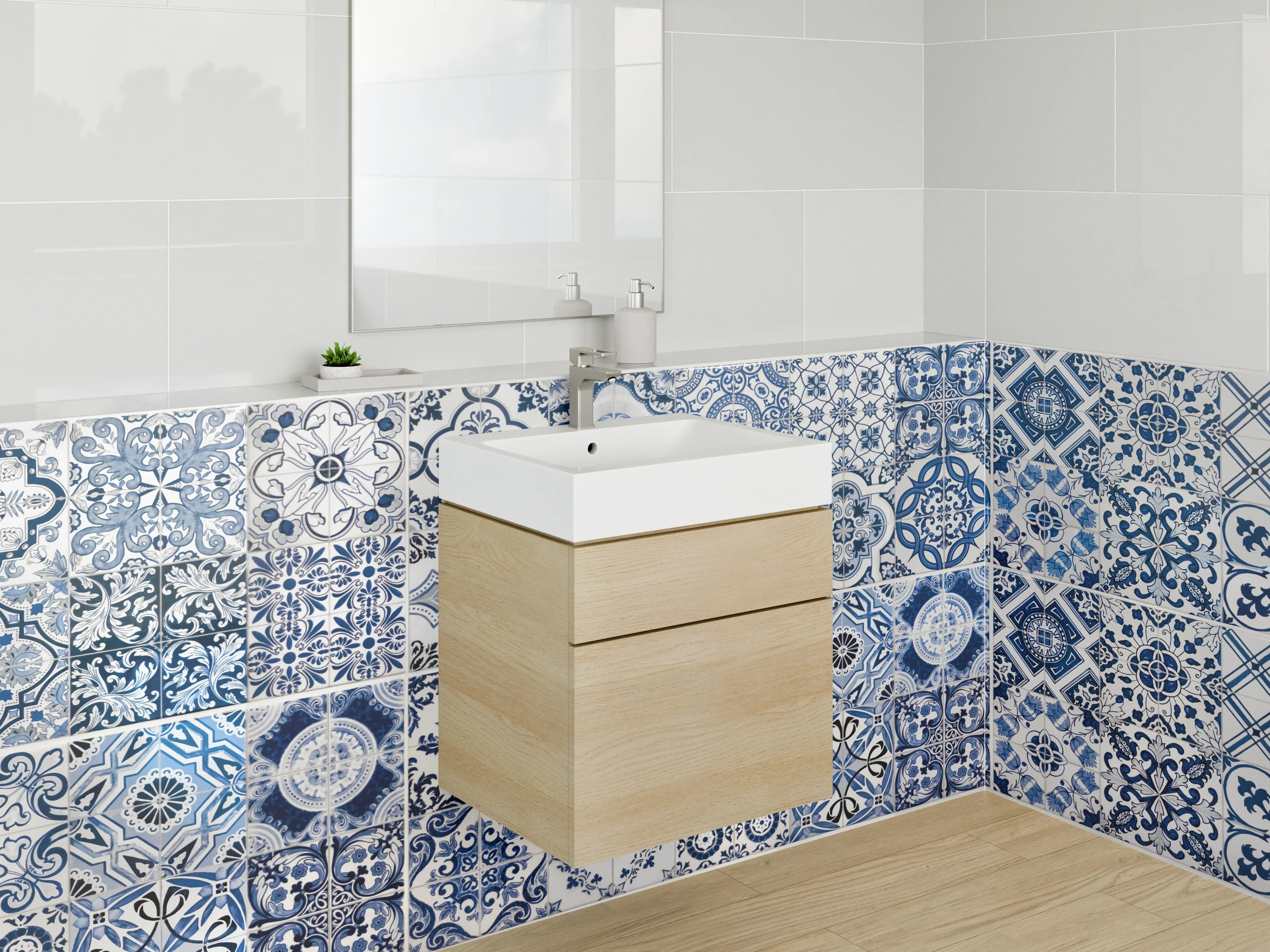 Waschbecken-Rückwand - Mediterrane Vintage-Fliesen Blau-Weiß