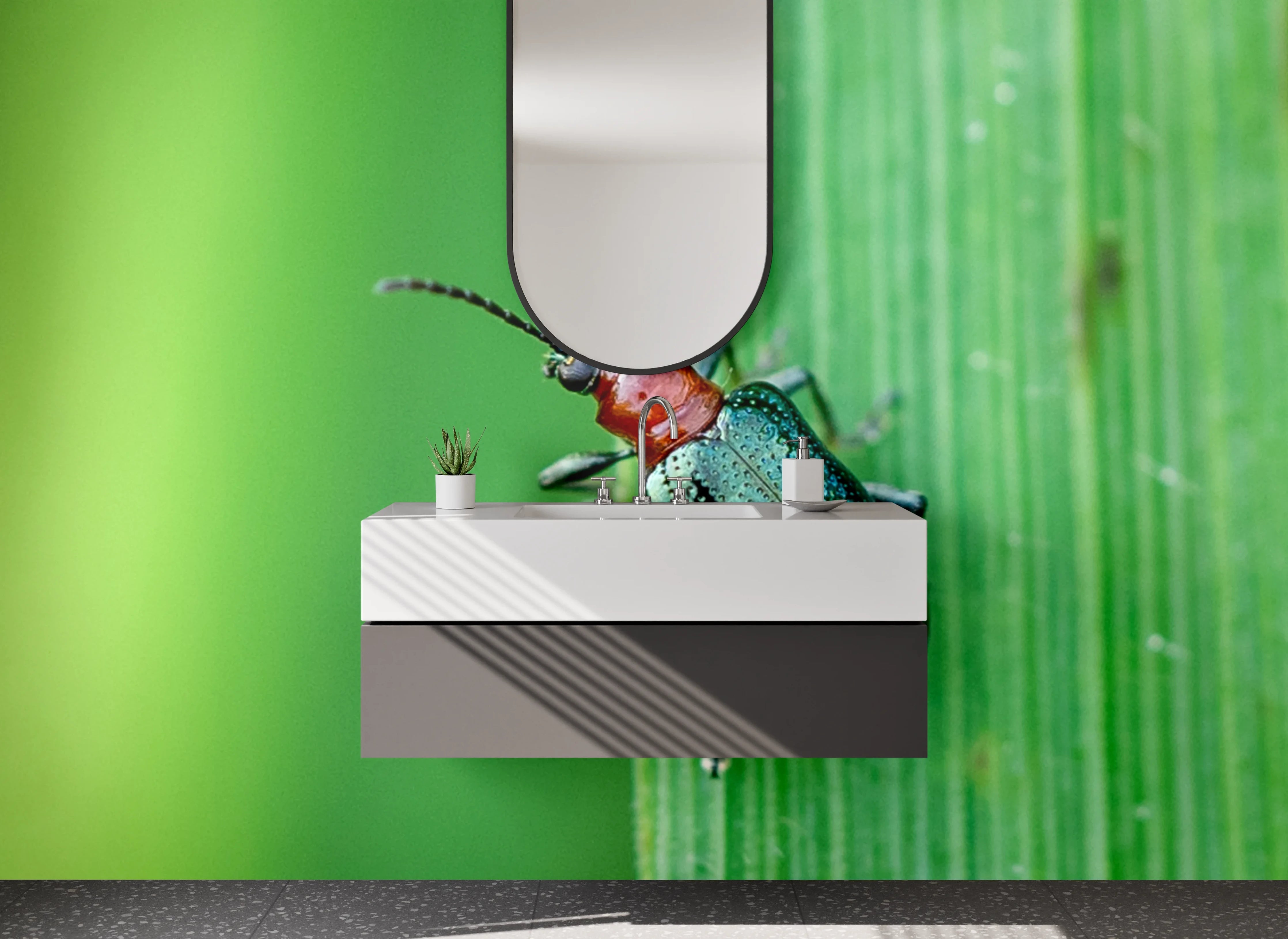 Waschbecken-Rückwand - Metallisch glänzender Käfer auf Blatt