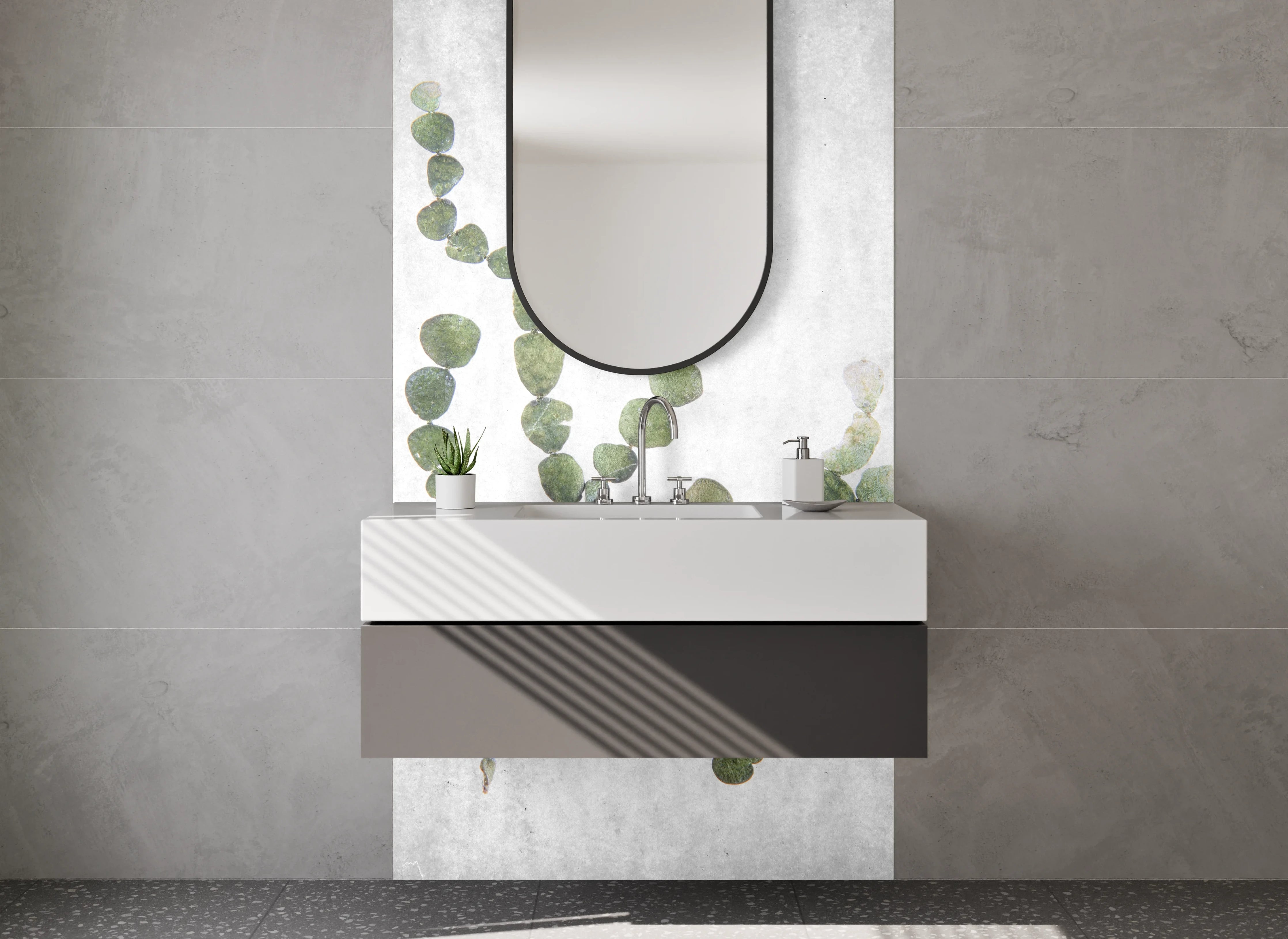 Waschbecken-Rückwand - Minimalistische Pflanzen-Illustration Weiß Grün
