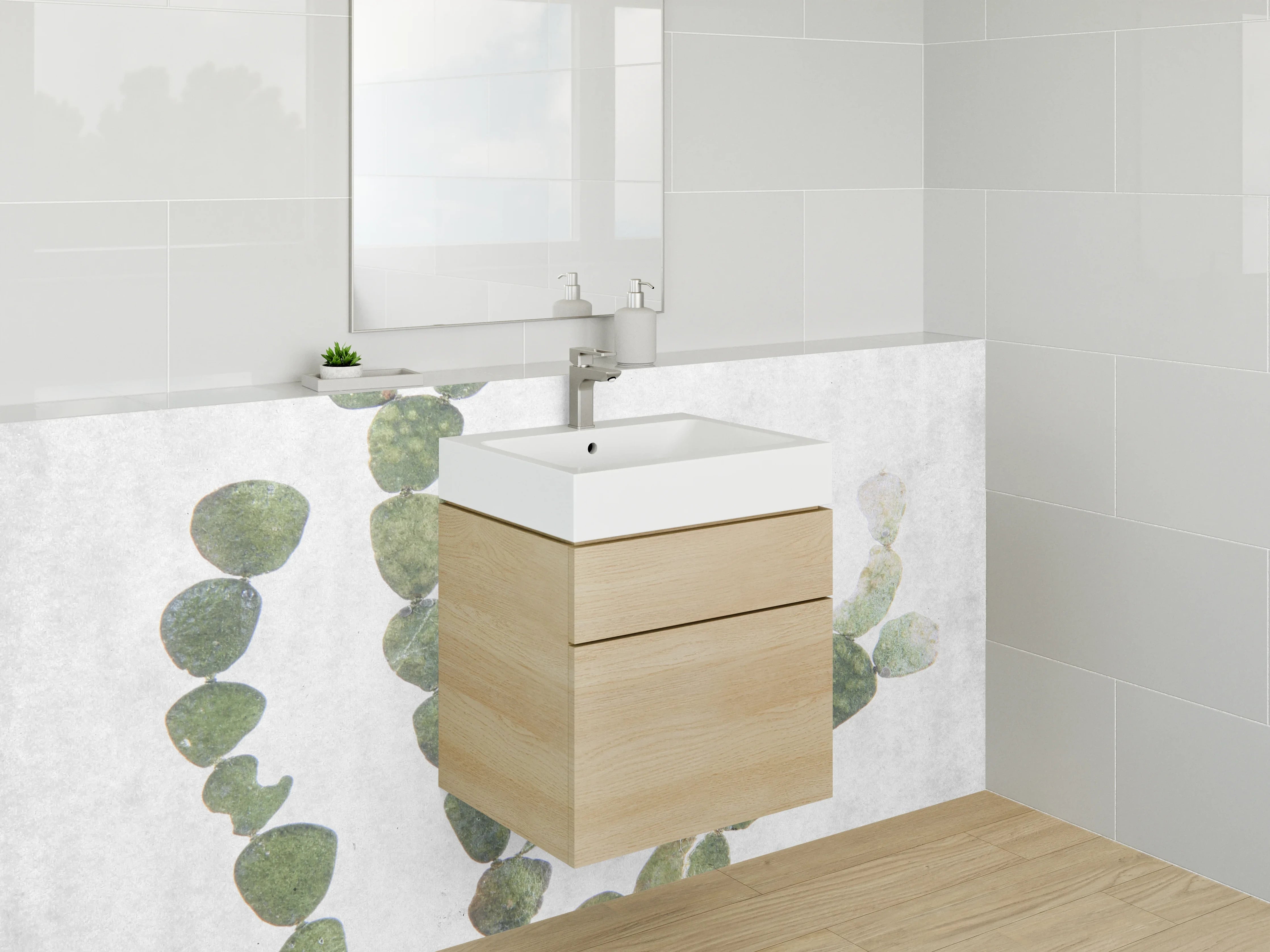 Waschbecken-Rückwand - Minimalistische Pflanzen-Illustration Weiß Grün