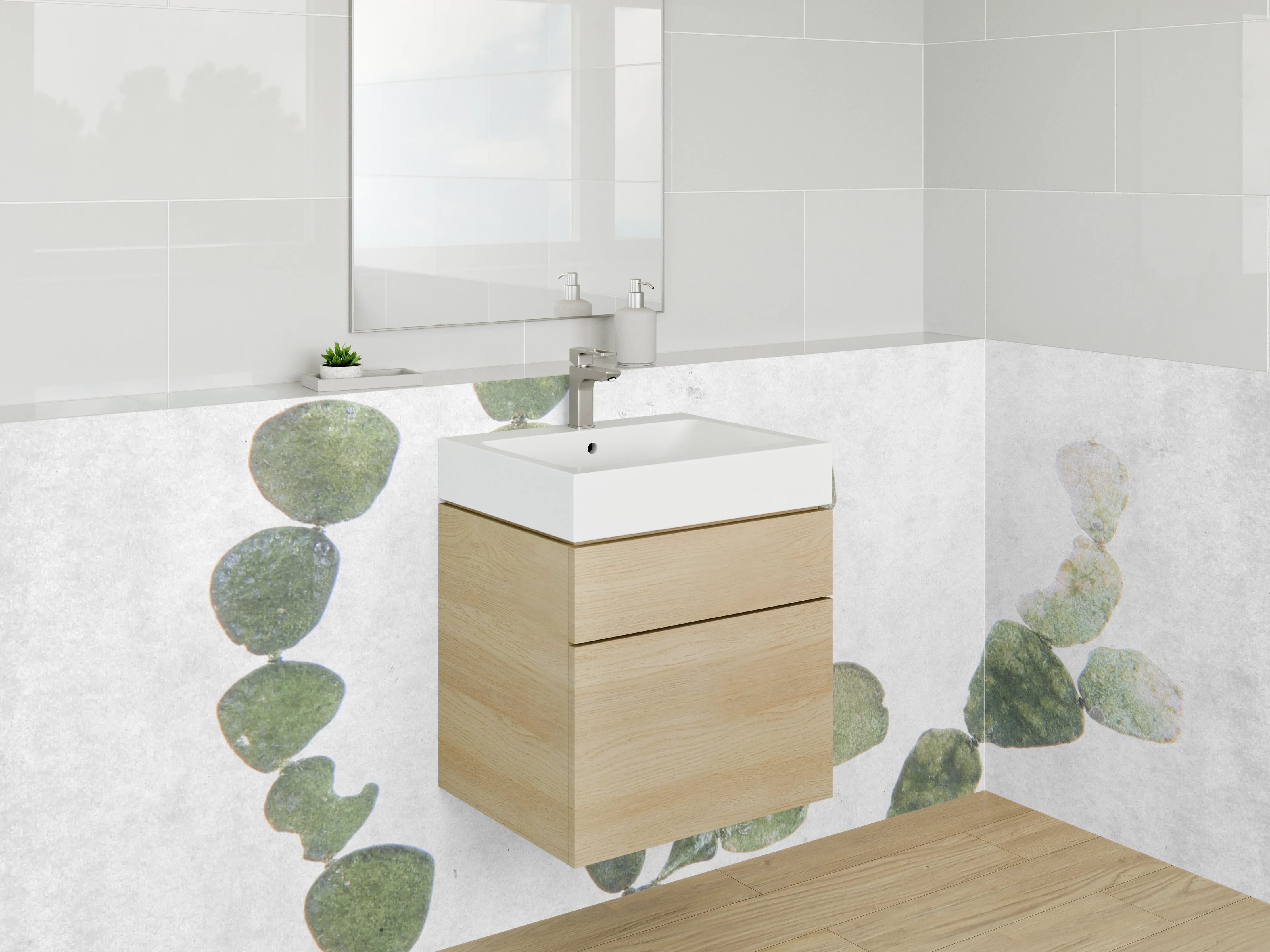 Waschbecken-Rückwand - Minimalistische Pflanzen-Illustration Weiß Grün