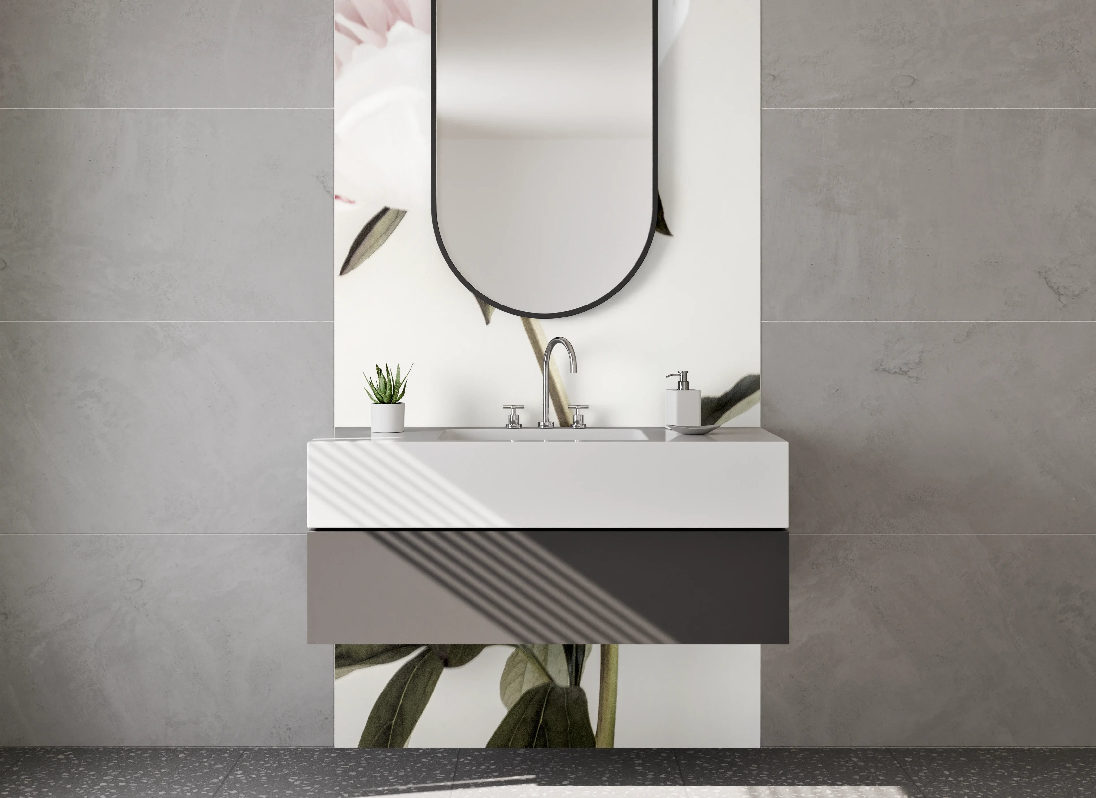 Waschbecken-Rückwand - Minimalistische weiße Pfingstrose auf zartem Hintergrund