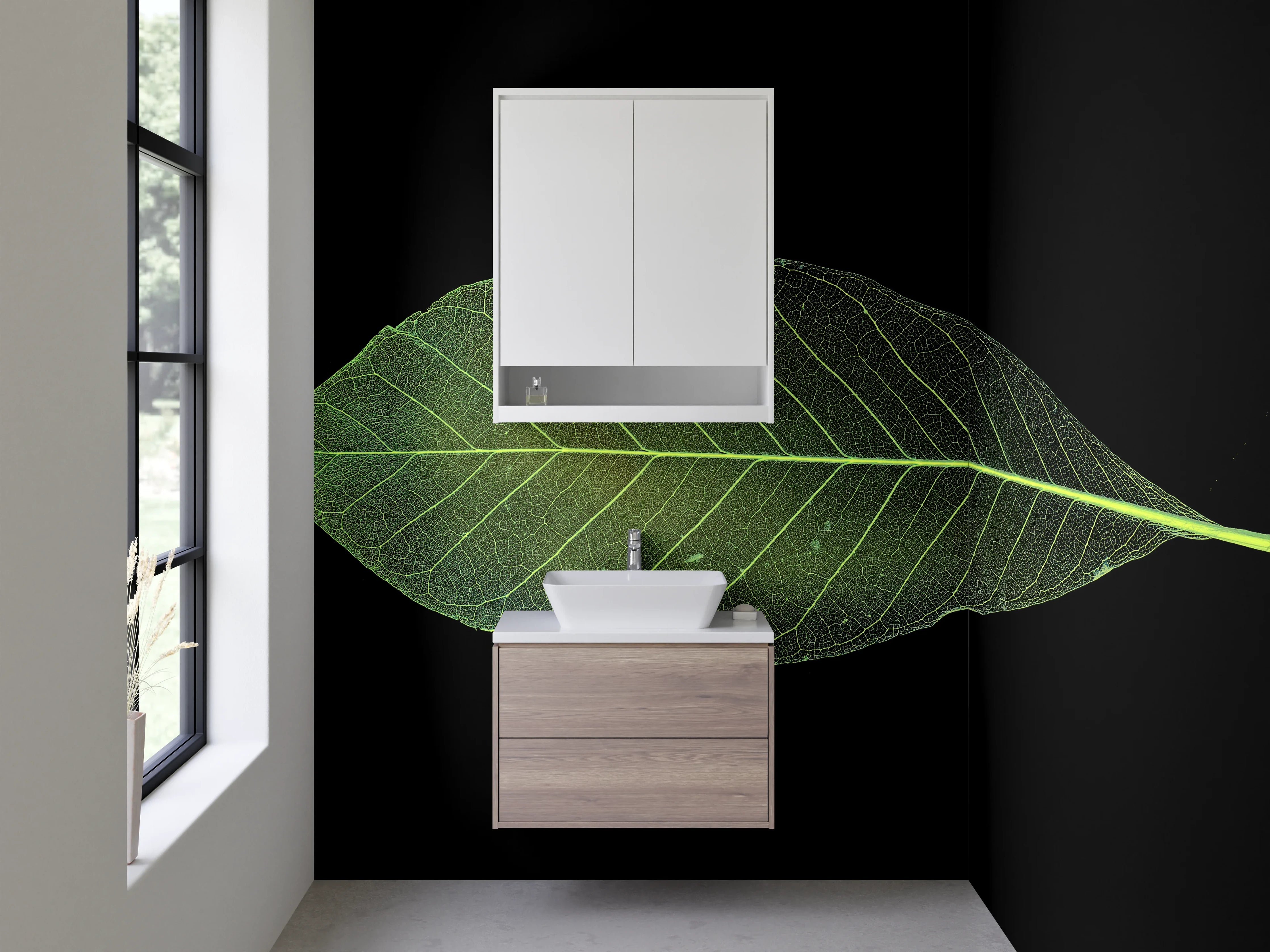 Waschbecken-Rückwand - Minimalistisches Blatt auf Schwarz Hintergrund