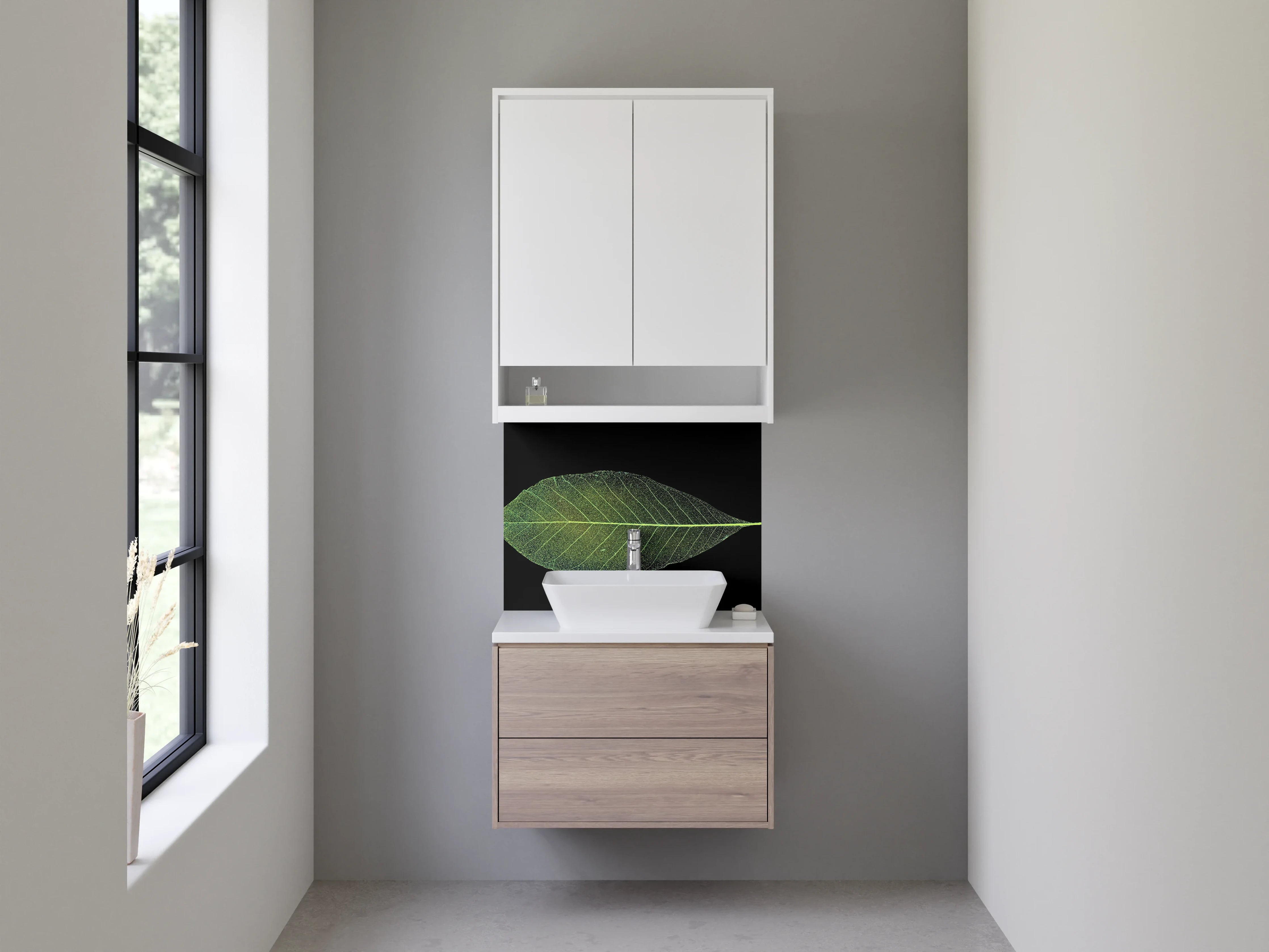 Waschbecken-Rückwand - Minimalistisches Blatt auf Schwarz Hintergrund