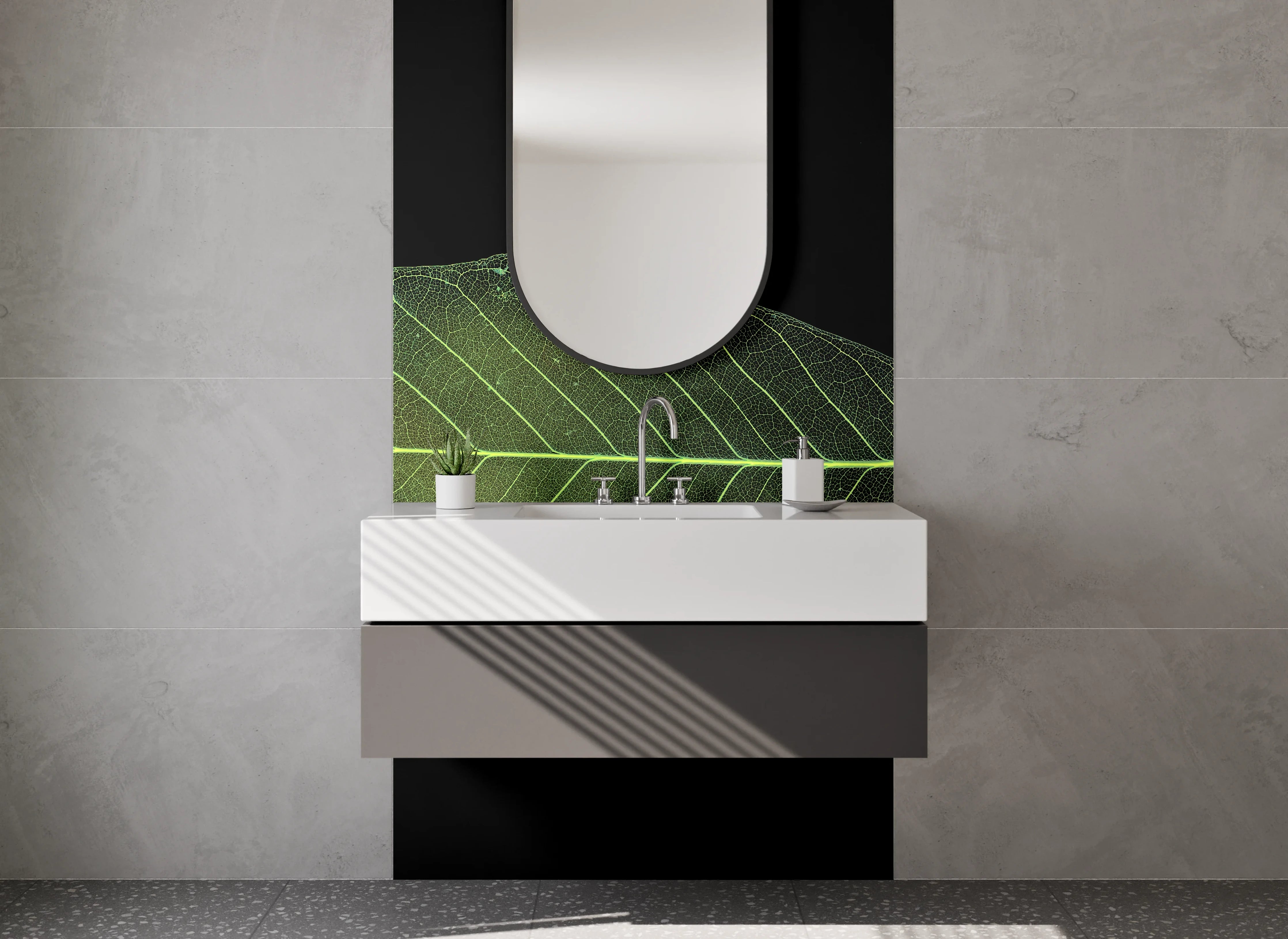 Waschbecken-Rückwand - Minimalistisches Blatt auf Schwarz Hintergrund
