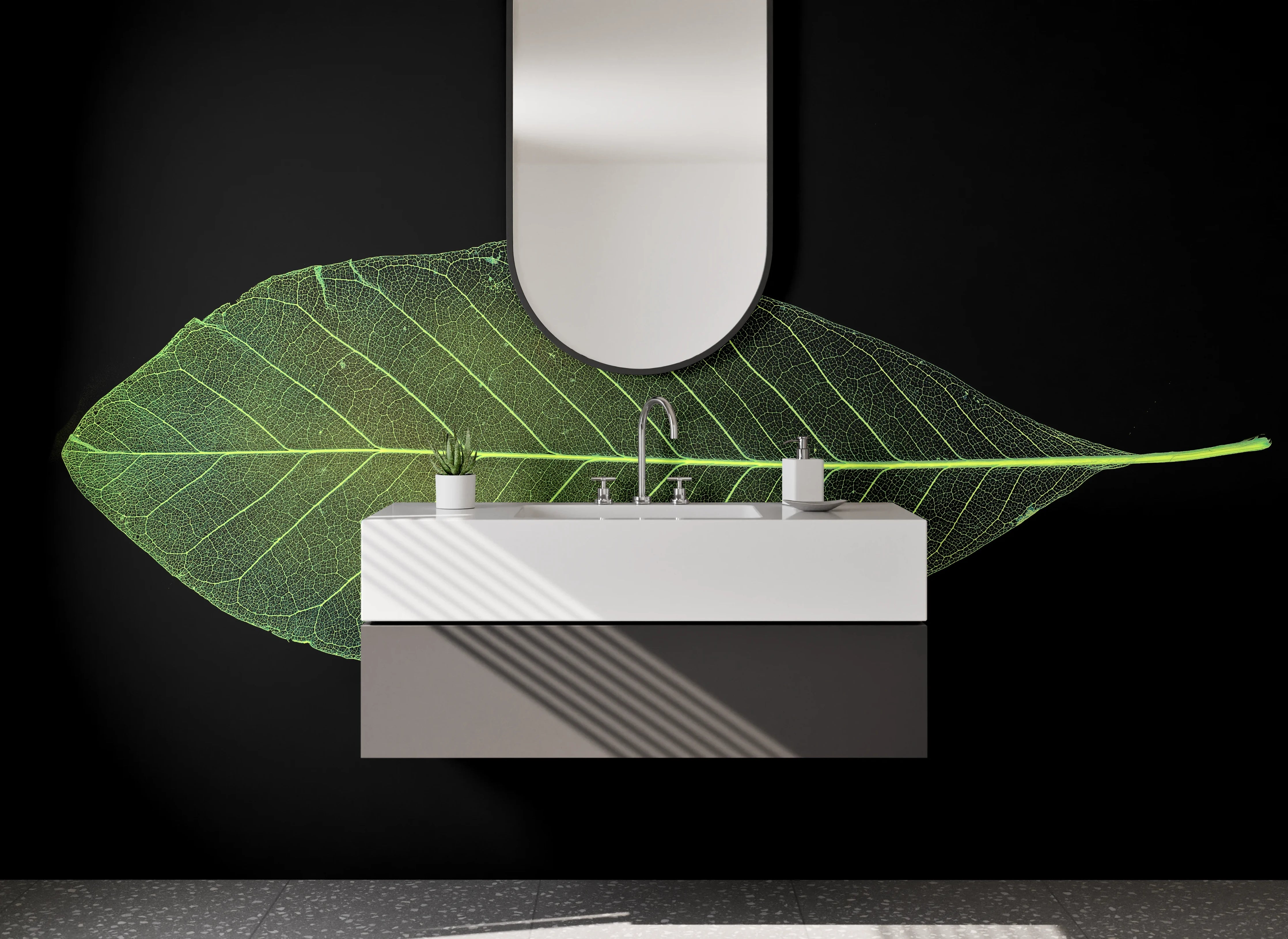 Waschbecken-Rückwand - Minimalistisches Blatt auf Schwarz Hintergrund