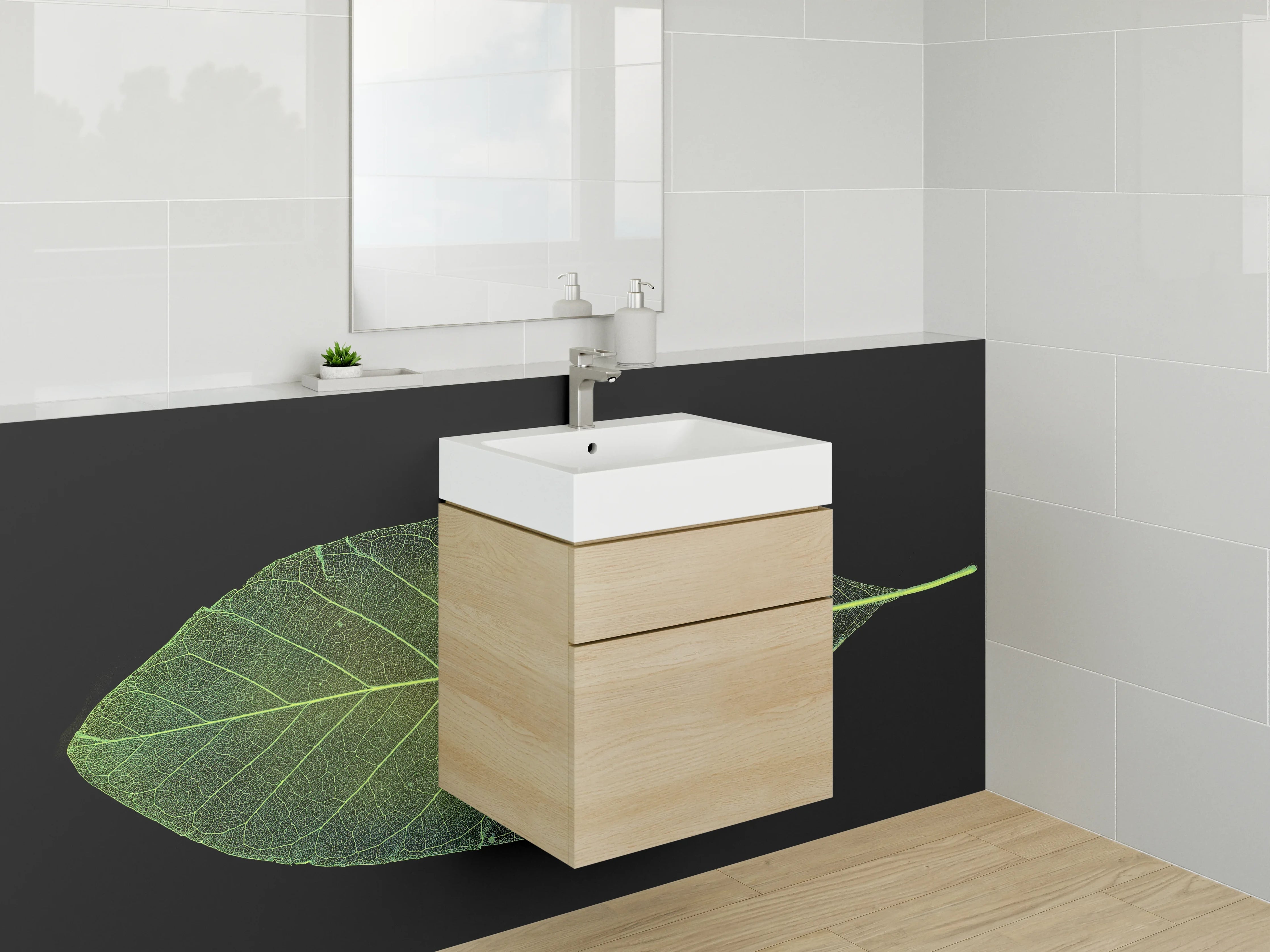 Waschbecken-Rückwand - Minimalistisches Blatt auf Schwarz Hintergrund